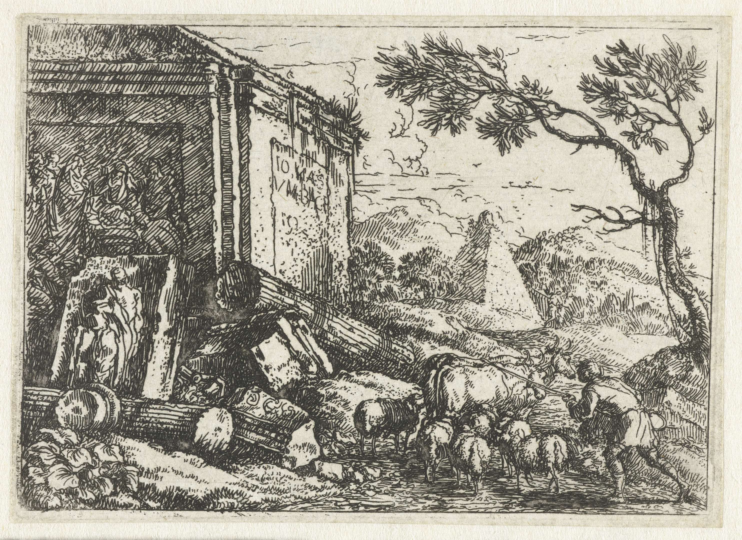 Etching by Jonas Umbach depicting ruins and a shepherd with his flock.