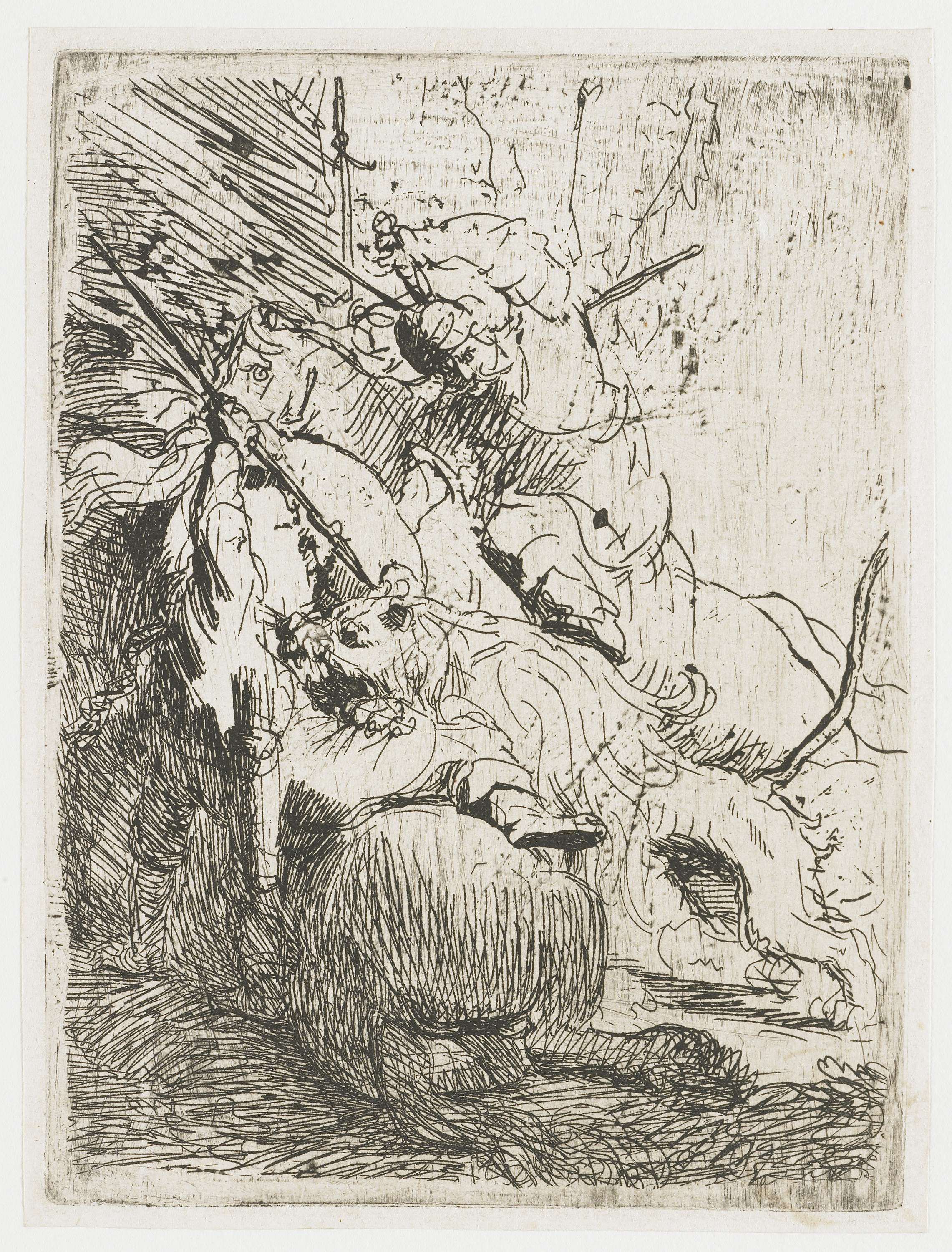 The Small Lion Hunt, with One Lion, by Rembrandt van Rijn, public domain