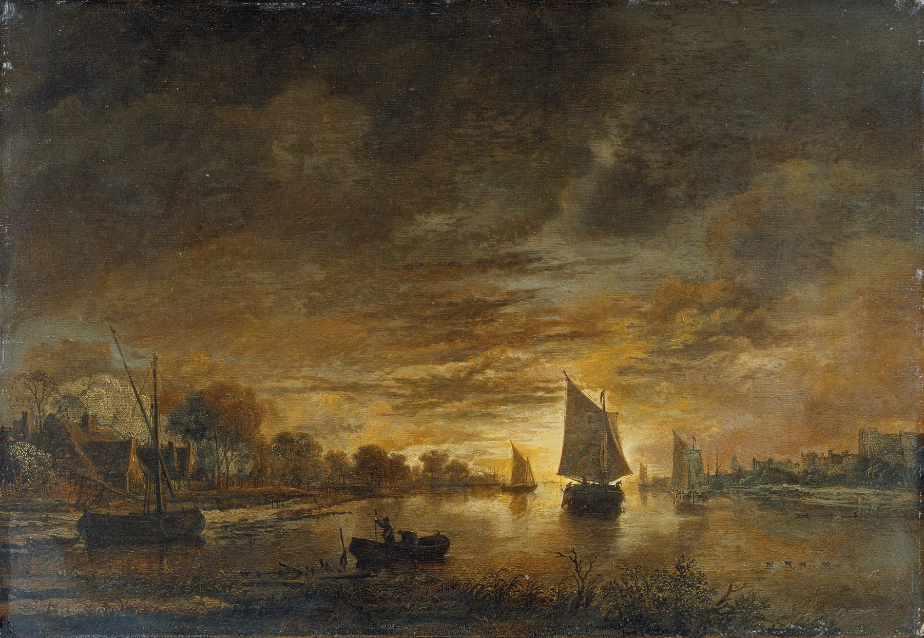 River Landscape with Ships at Moonrise, by Aert van der Neer, public domain