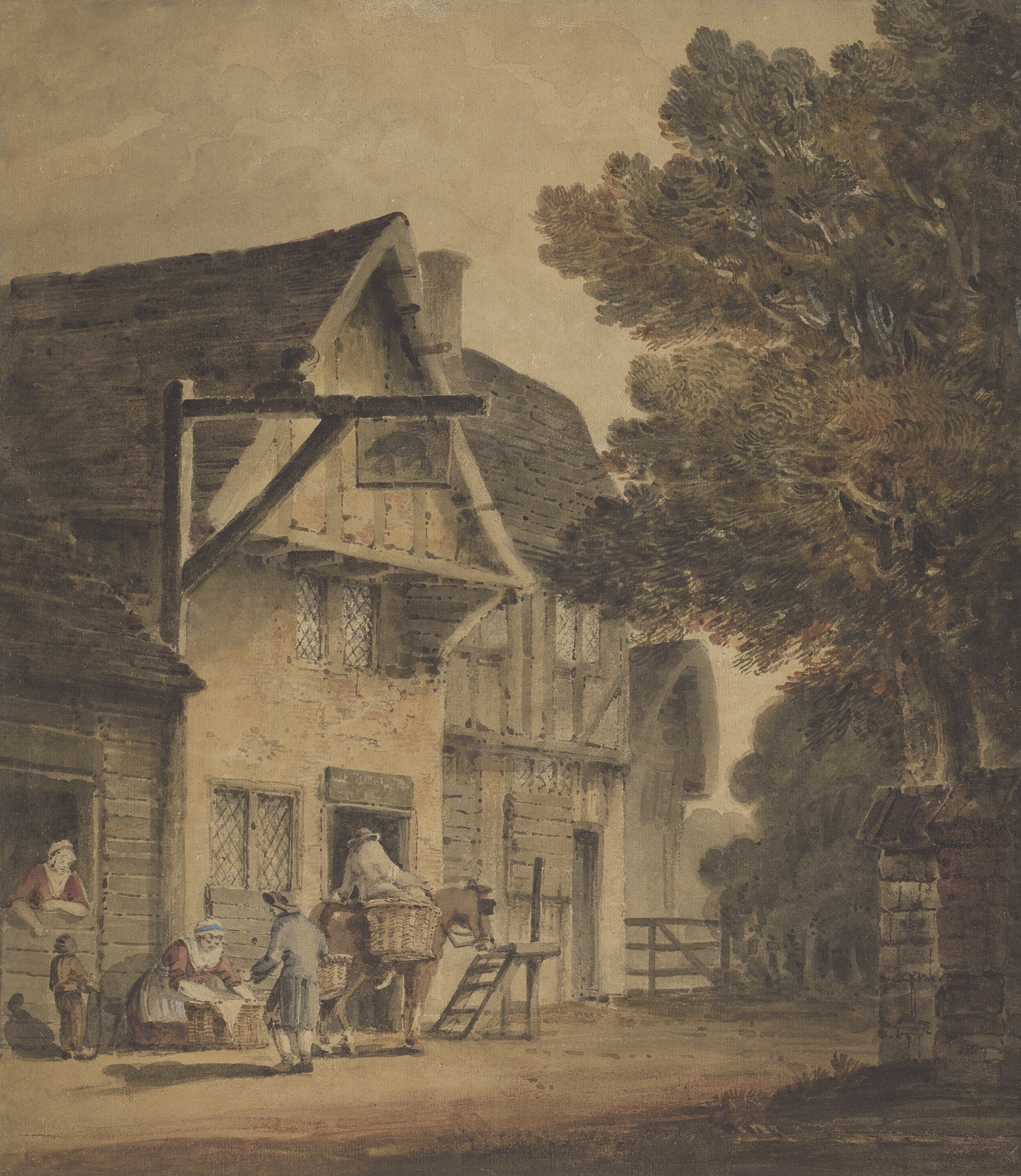 Figures Outside the Boar Inn, oil on canvas by Robert Dixon, depicting people gathered at sunset.