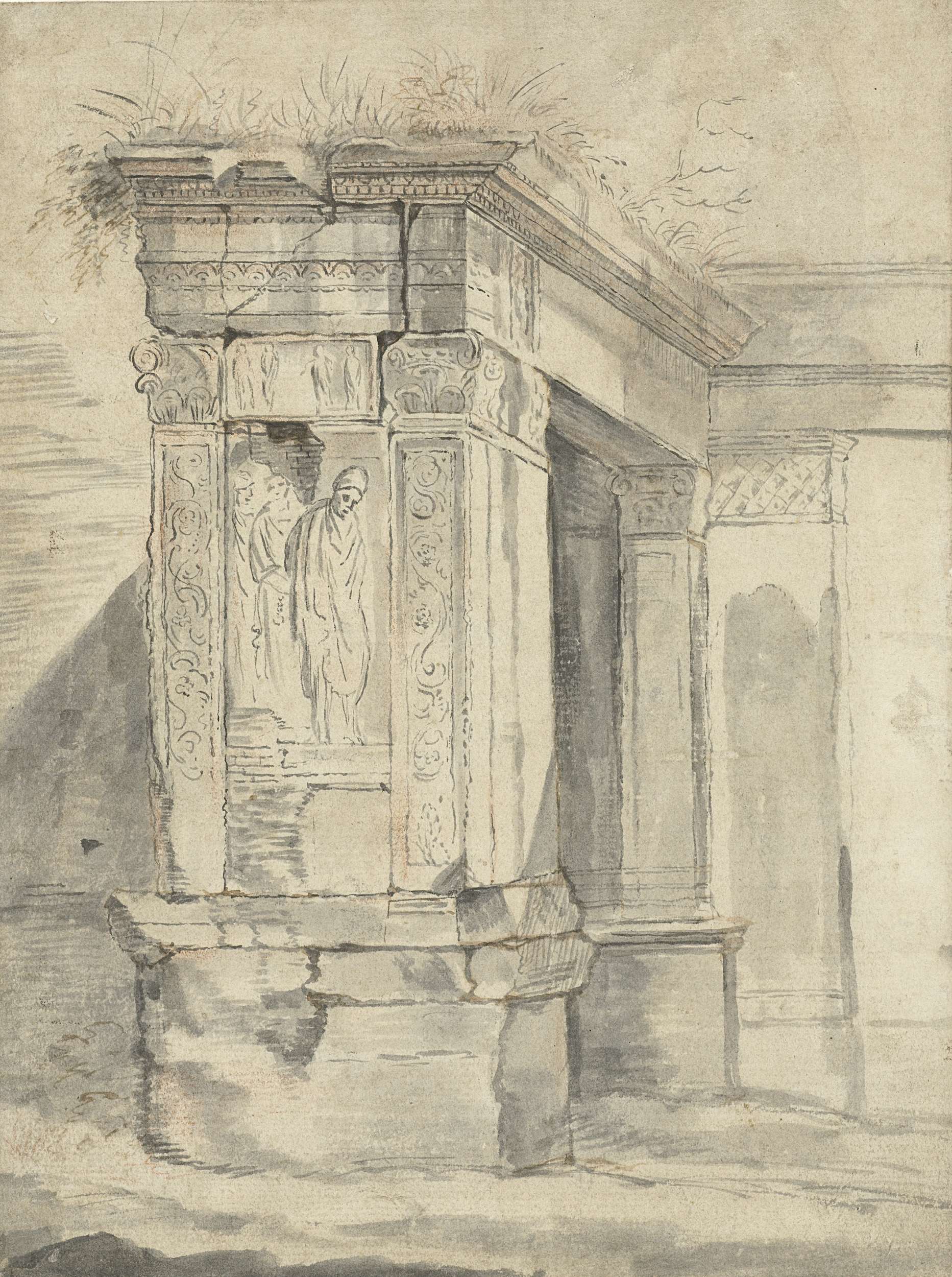 Oil painting of crumbling ruins by Franz de Paula Ferg