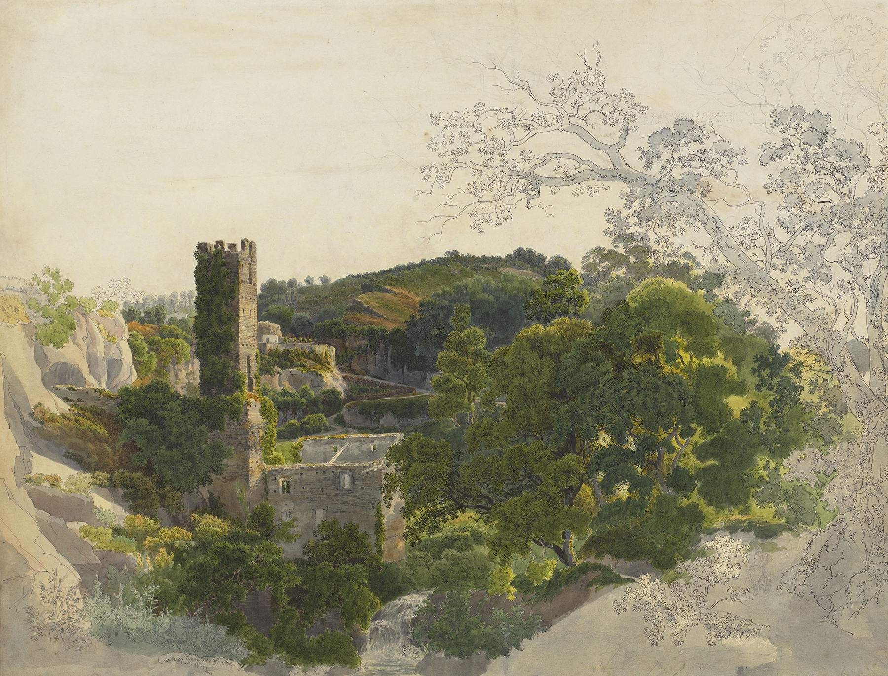 Ruins of a fortified tower among wooded hills, oil painting by Friedrich Salathé