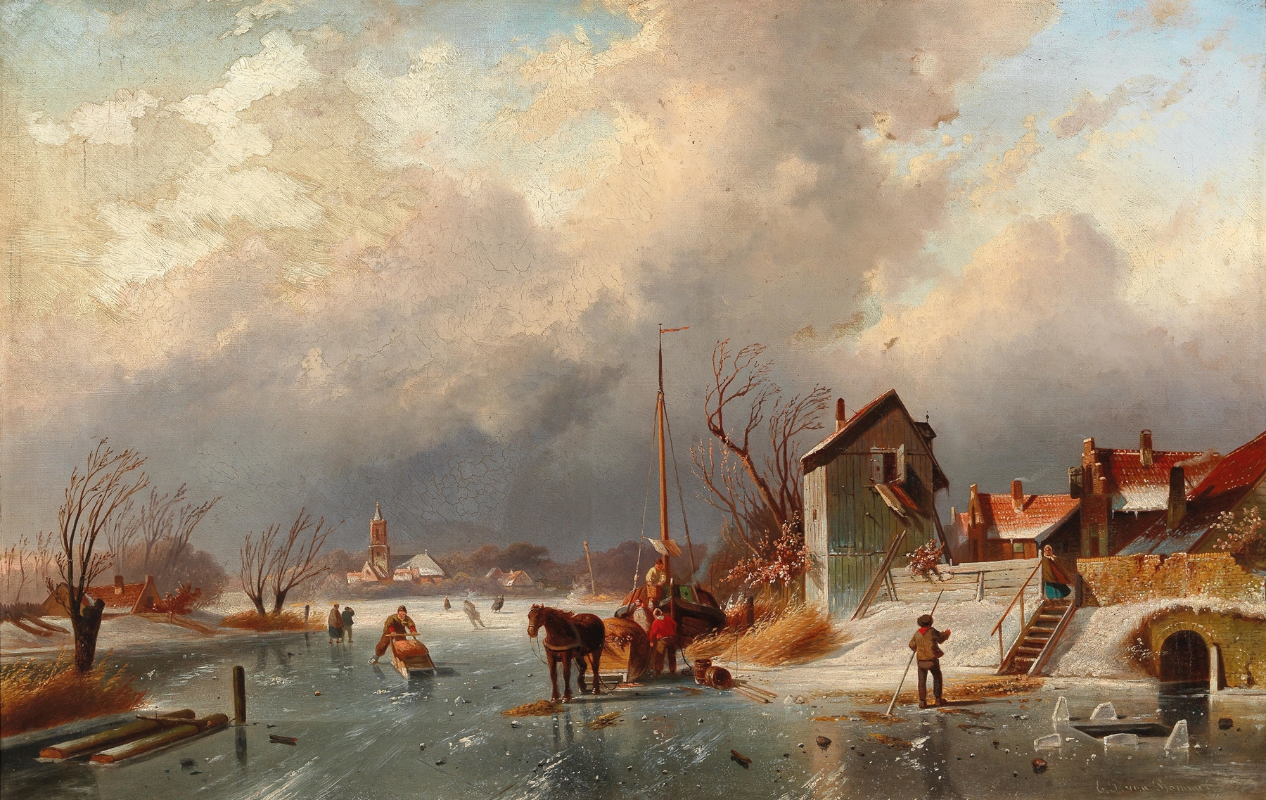 Canal Landscape in Winter by Elias Pieter van Bommel, oil on canvas depicting a snowy landscape with a canal.