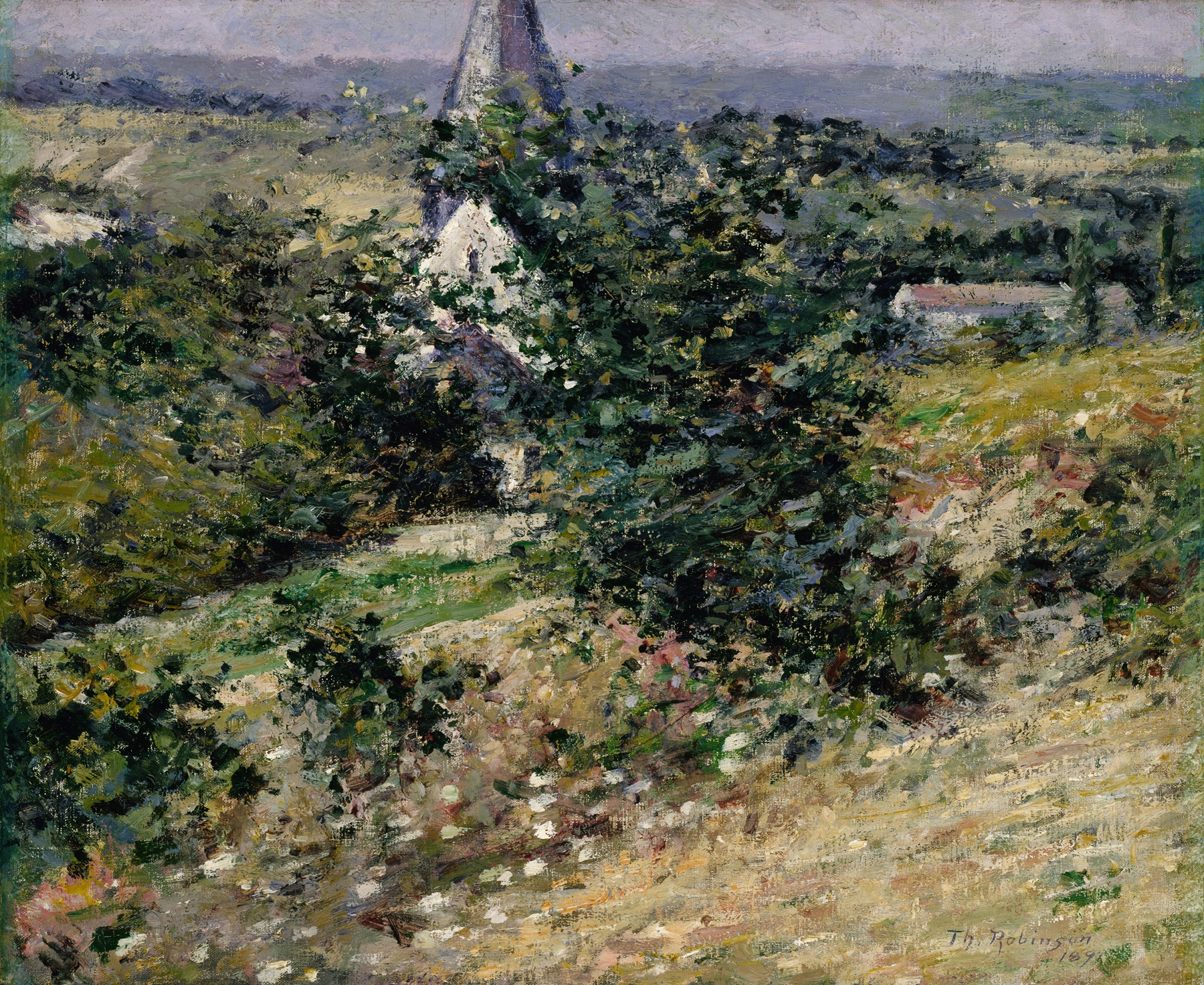 Old Church At Giverny, oil on canvas by Theodore Robinson, depicting a tranquil church facade.