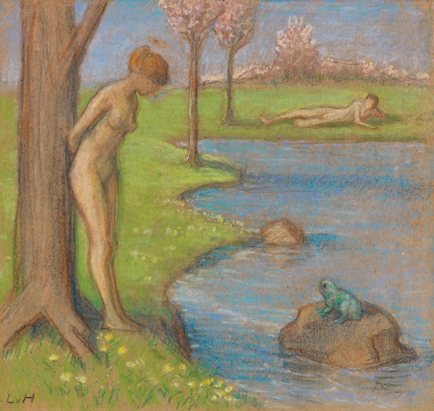 A couple by a frog pond in a spring landscape.