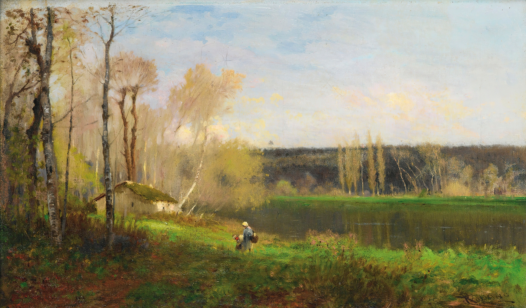 Figurative scene of a woman and child by a pond, oil painting by Federico Rossano
