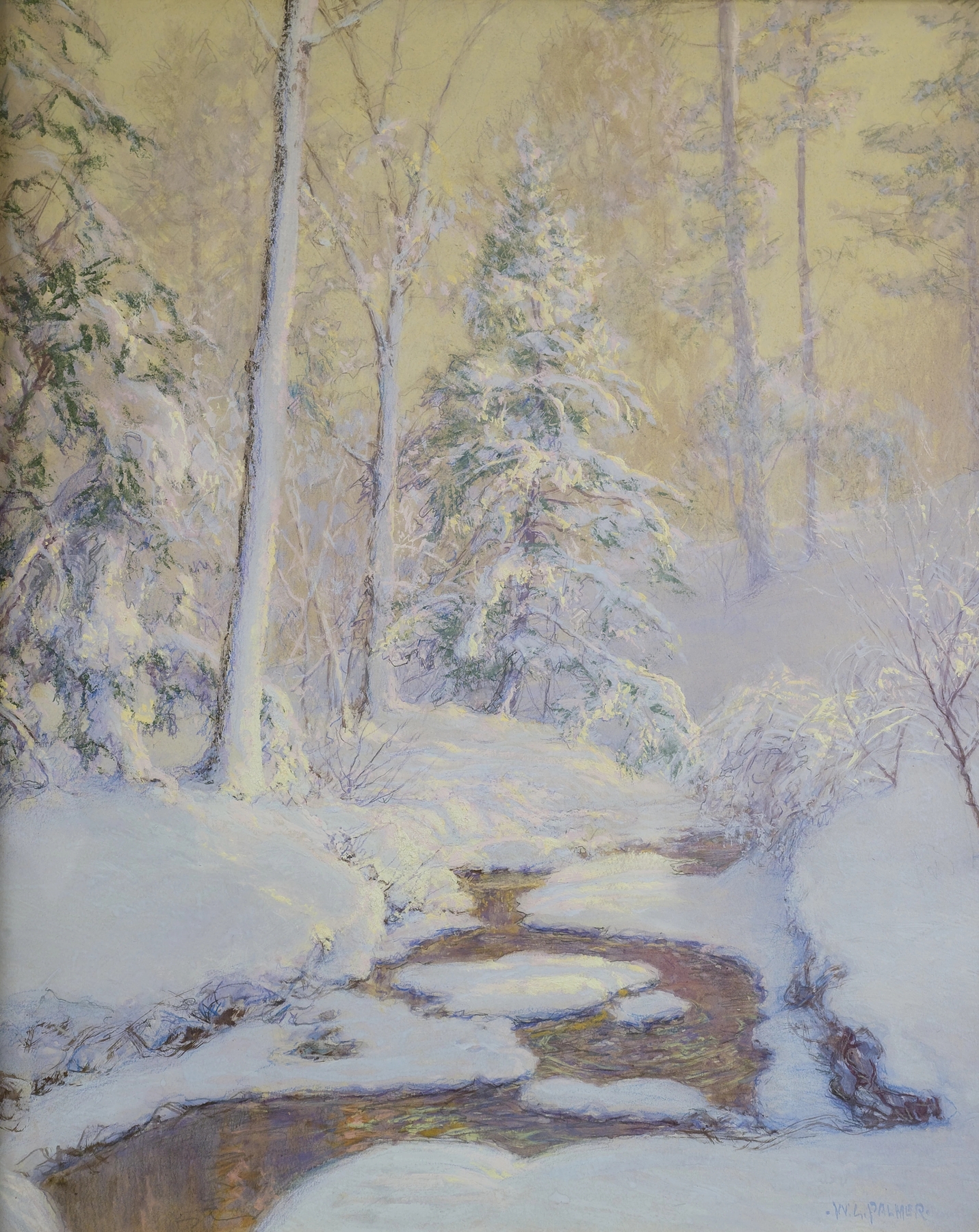 At Sunrise by Walter Launt Palmer, oil painting depicting a serene landscape with water and sunrise colors.