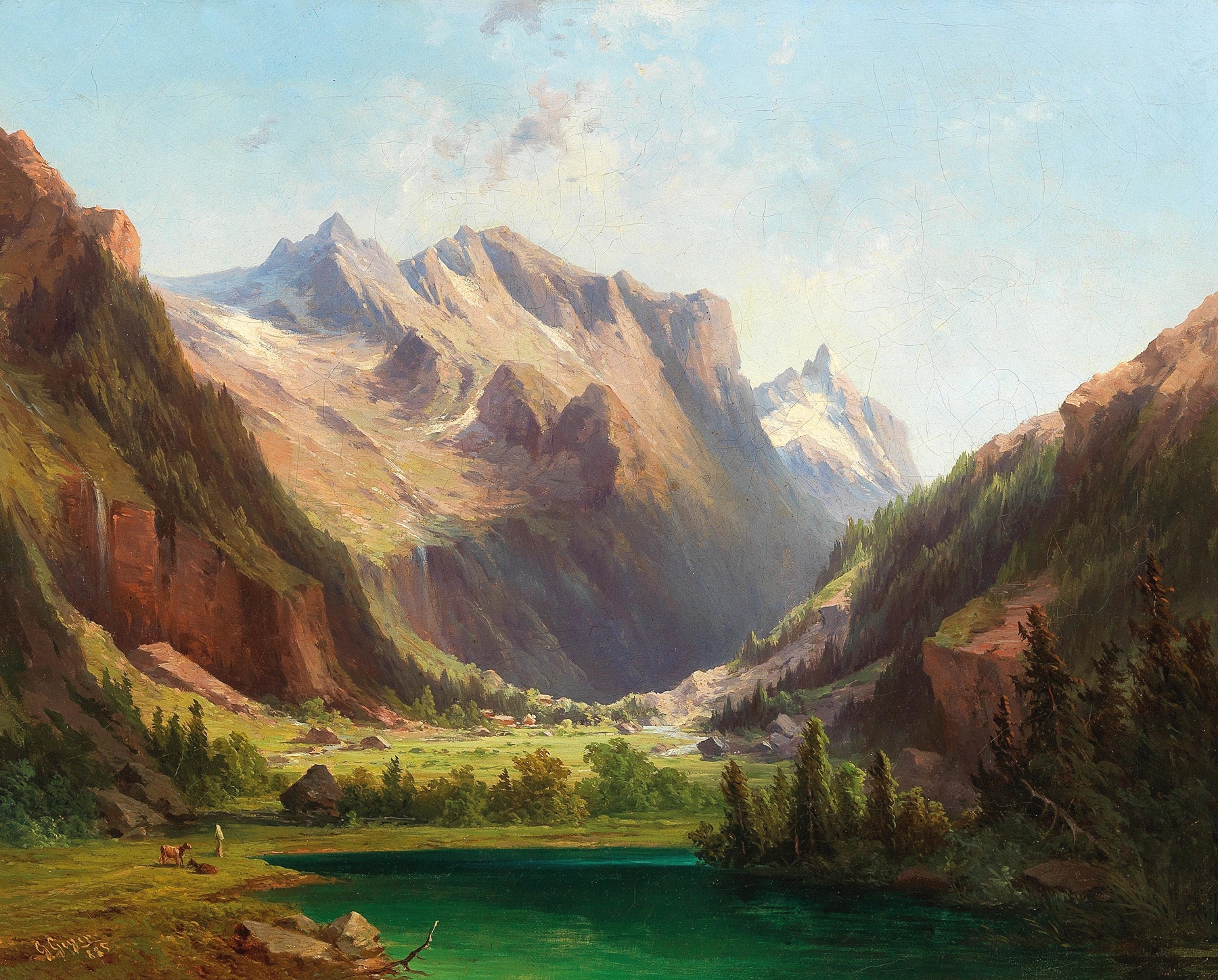 Oil painting by Georg Geyer depicting a lake and mountains
