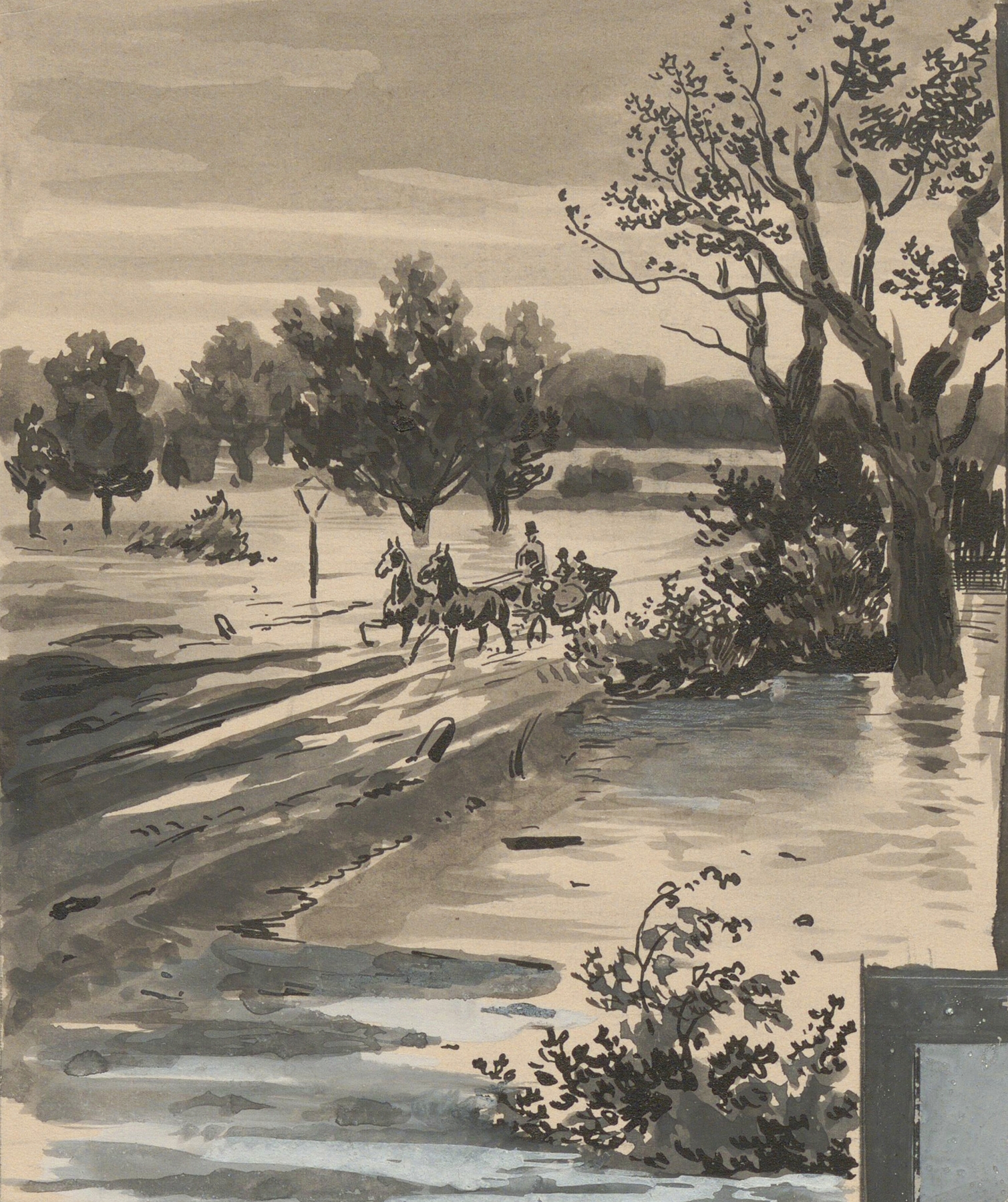 Flooded landscape with trees and reflective water by Moritz Ledeli, oil painting