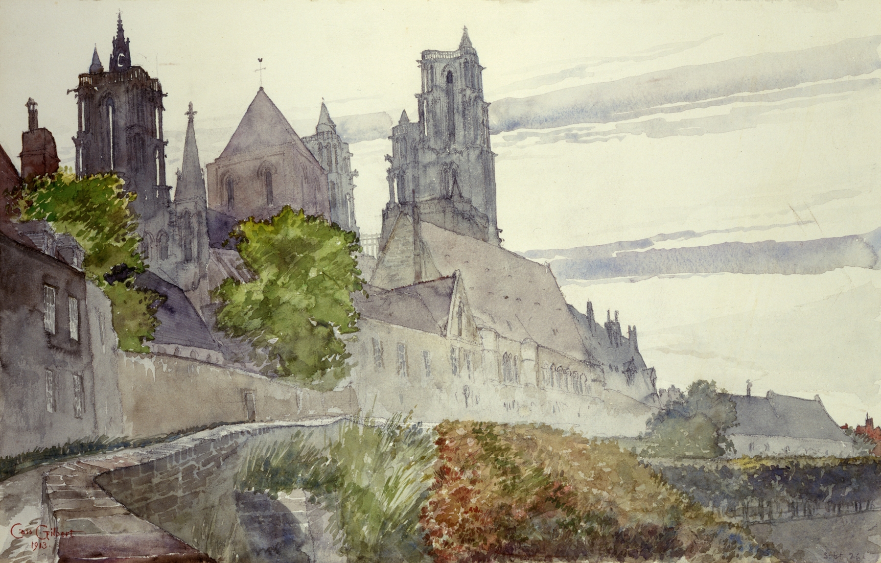 Laon Cathedral, France, by Cass Gilbert, public domain