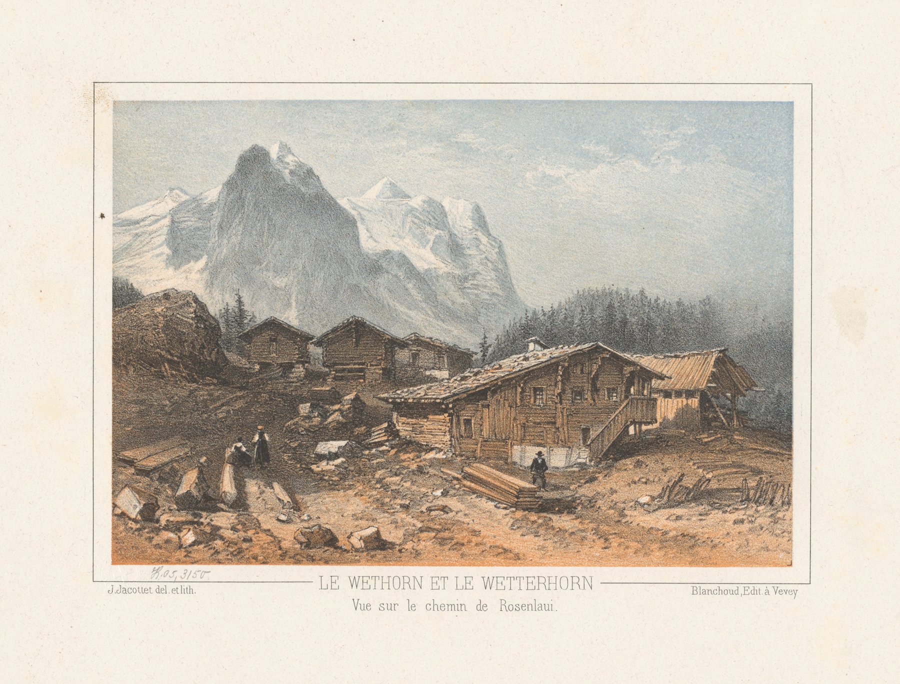 Le Wethorn et le Wetterhorn Vue sur le chemin de Rosenlaui, by Jean Jacottet, public domain