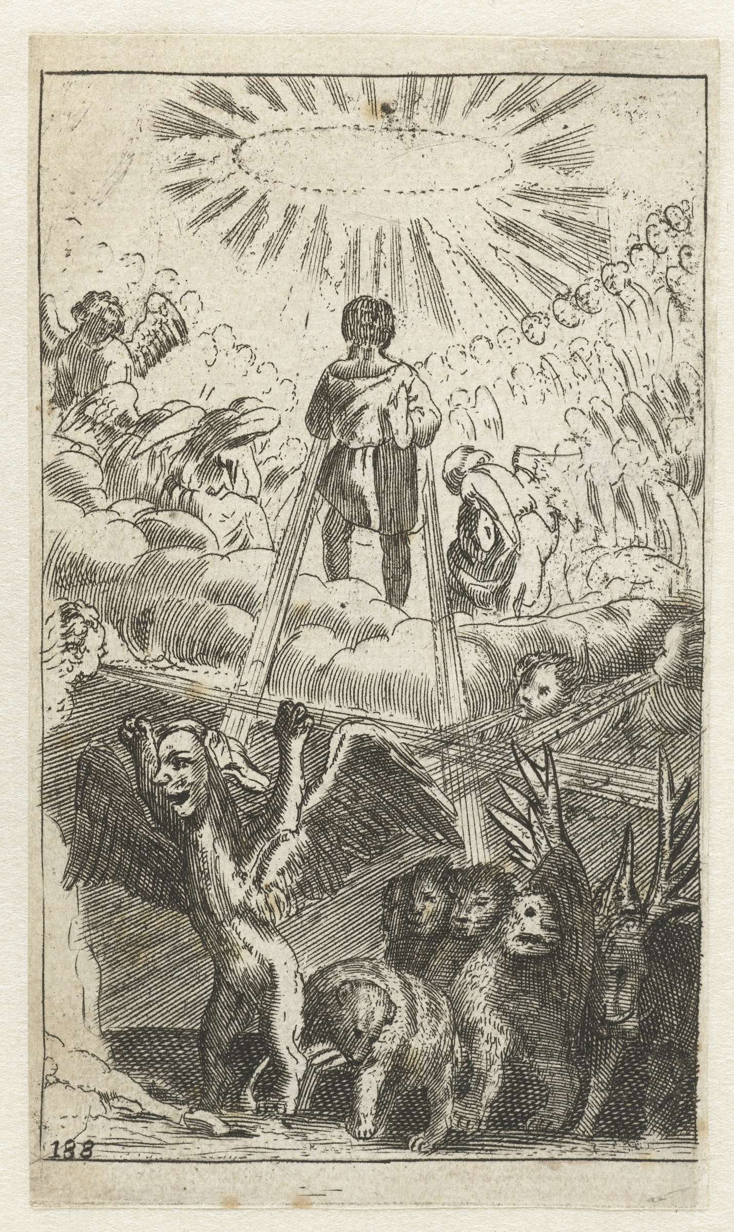 Engraving by Salomon Italia depicting four beasts emerging from chaos.