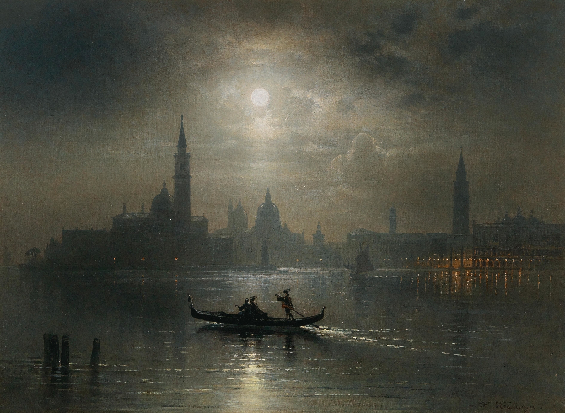 Venice, Full Moon over Santa Maria Salute by Karl Heilmayer, oil painting depicting Santa Maria Salute at night.