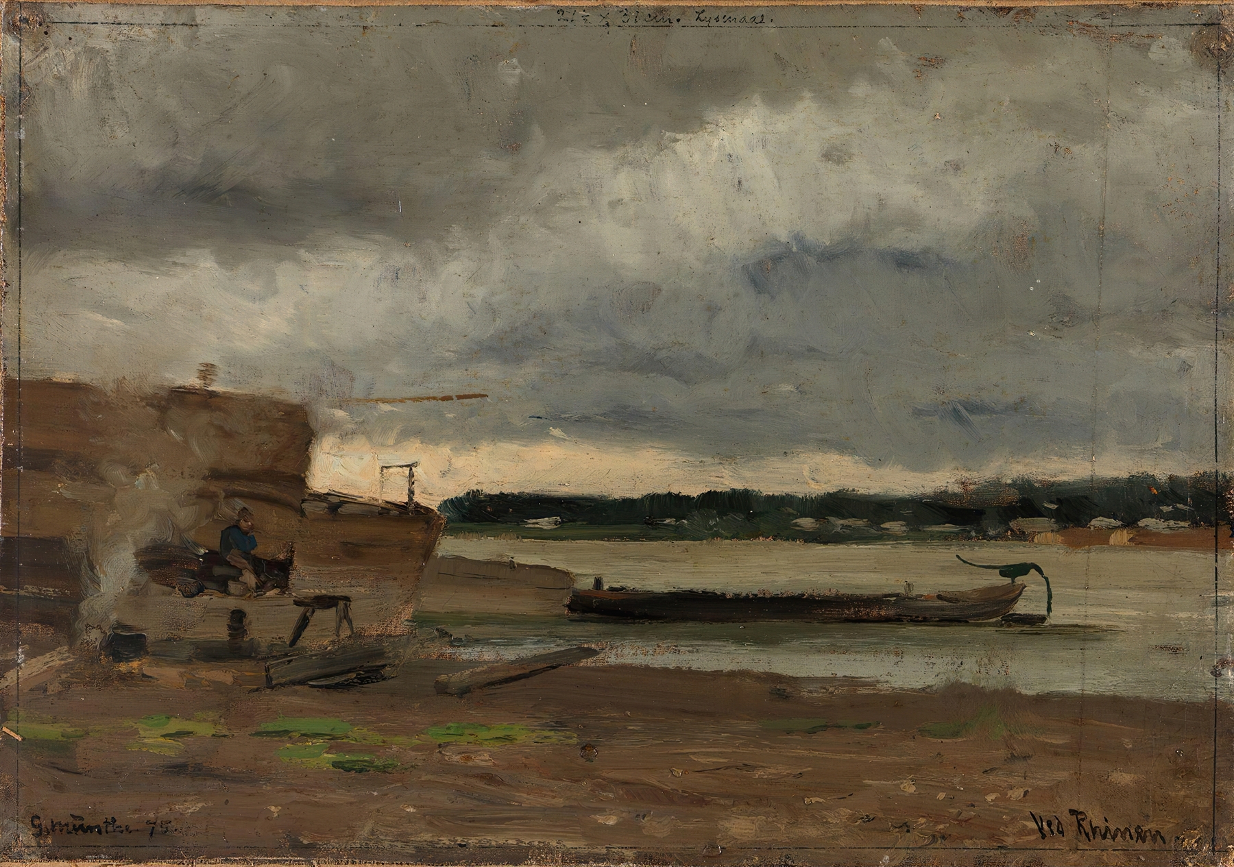 Oil painting by Gerhard Munthe depicting a serene river scene with trees and gentle waves.