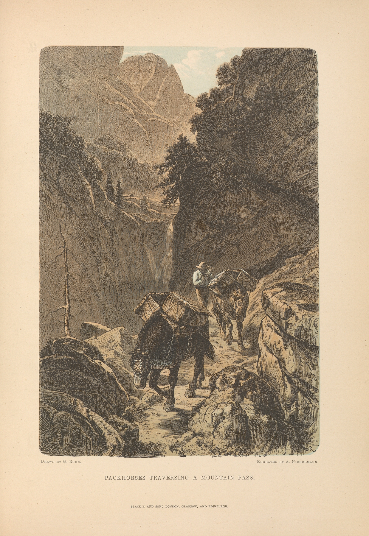 G.‎ ‎Roux – Packhorses‎ ‎Traversing‎ ‎a‎ ‎Mountain‎ ‎Pass, by Theodor Gsell Fels, public domain