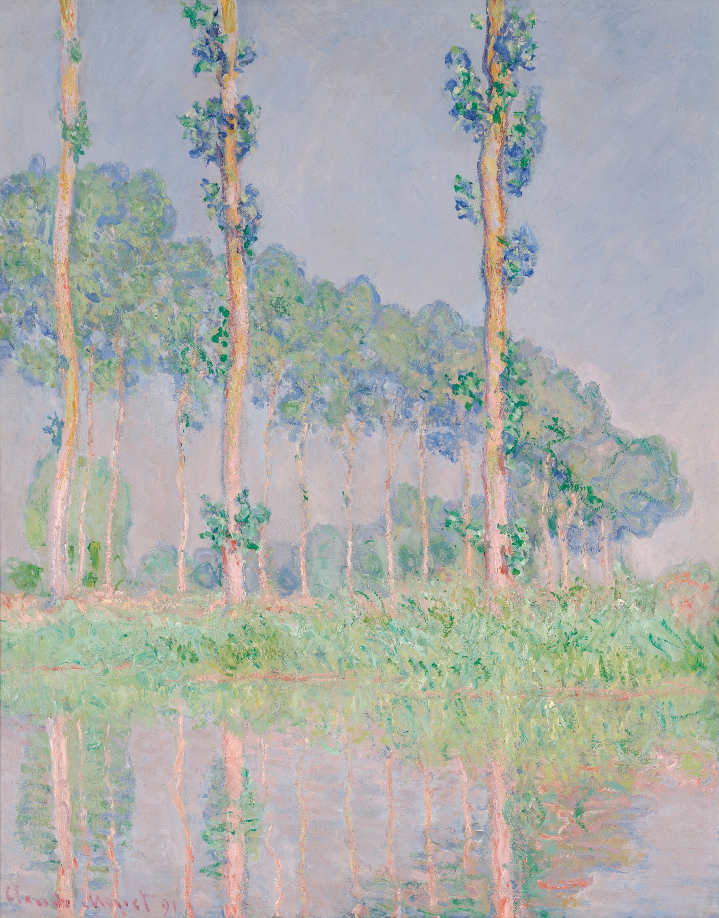 Poplars, Pink Effect by Claude Monet, oil on canvas depicting poplars at sunset with vibrant colors