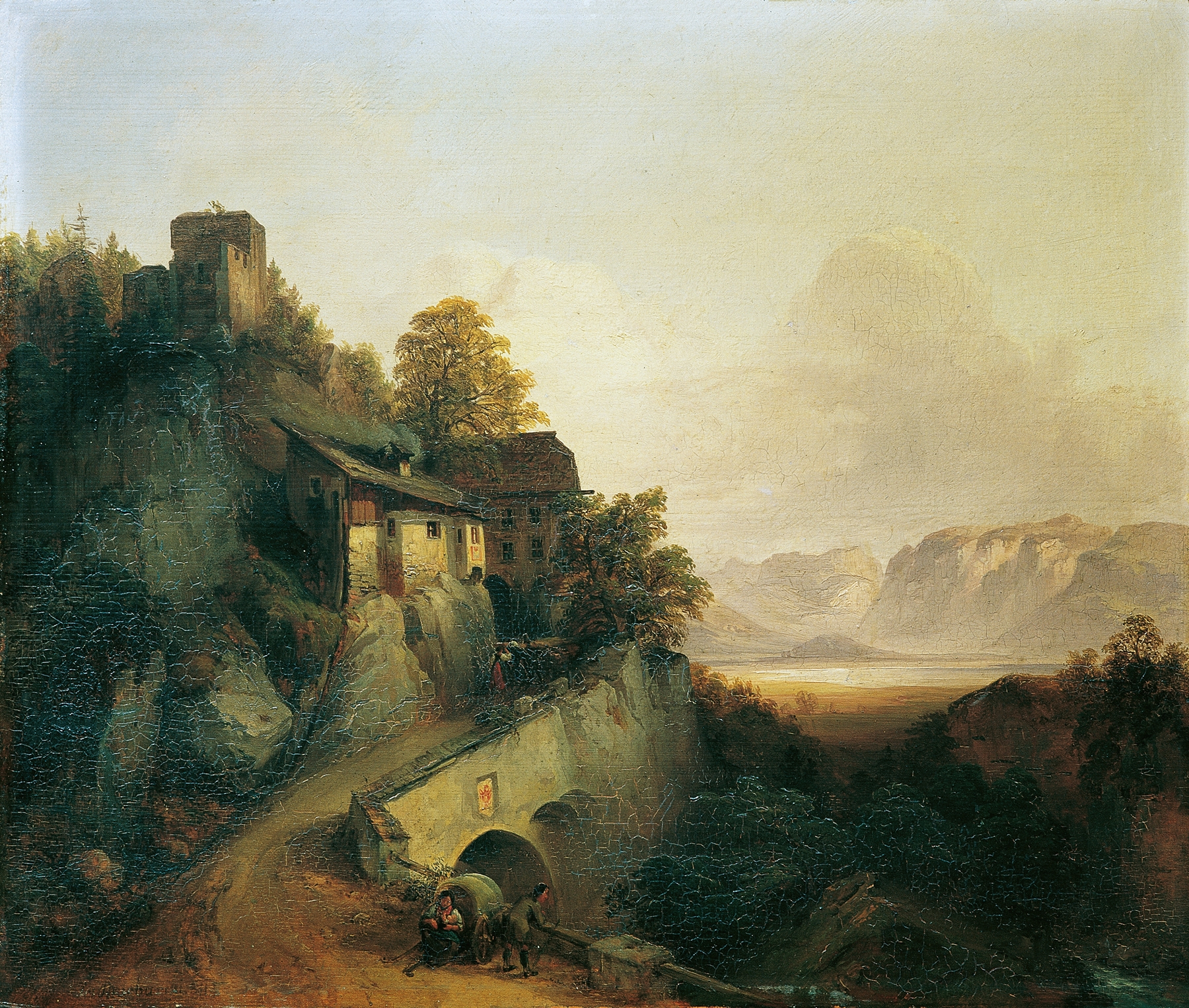 Gebirgsstraße in Tirol by Franz Barbarini, oil on canvas depicting a winding mountain road and lush foliage.