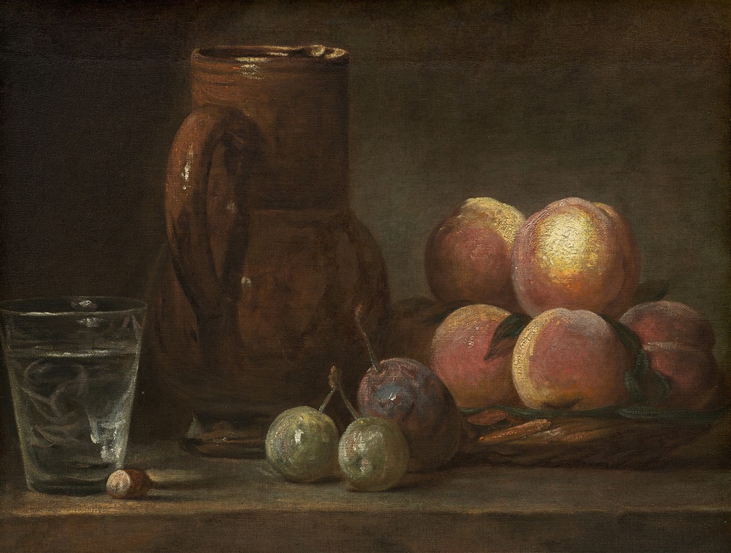 A still life painting featuring fruit, a jug, and a glass.