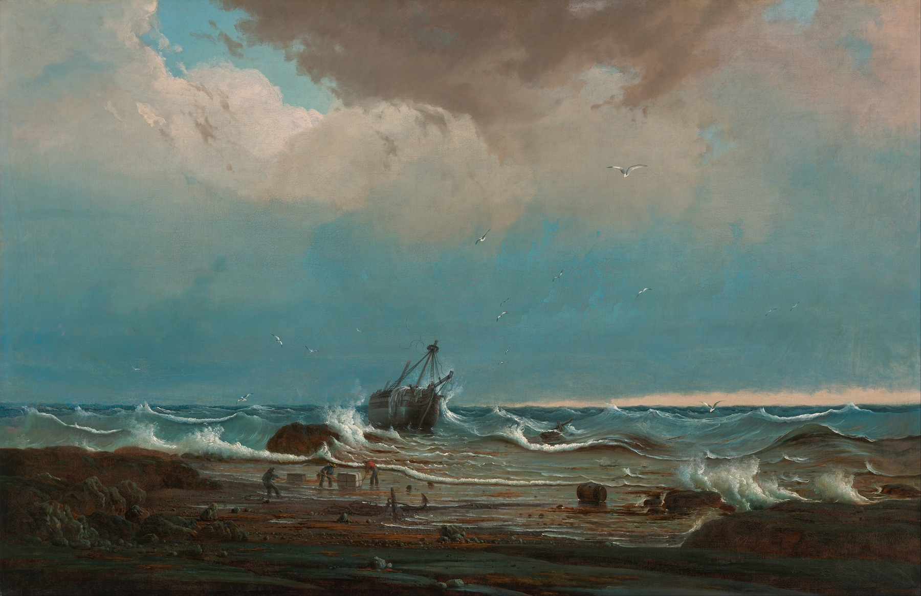 The wreck of ‘George the Third’ by Knut Bull, depicting a shipwreck in turbulent seas, oil painting.