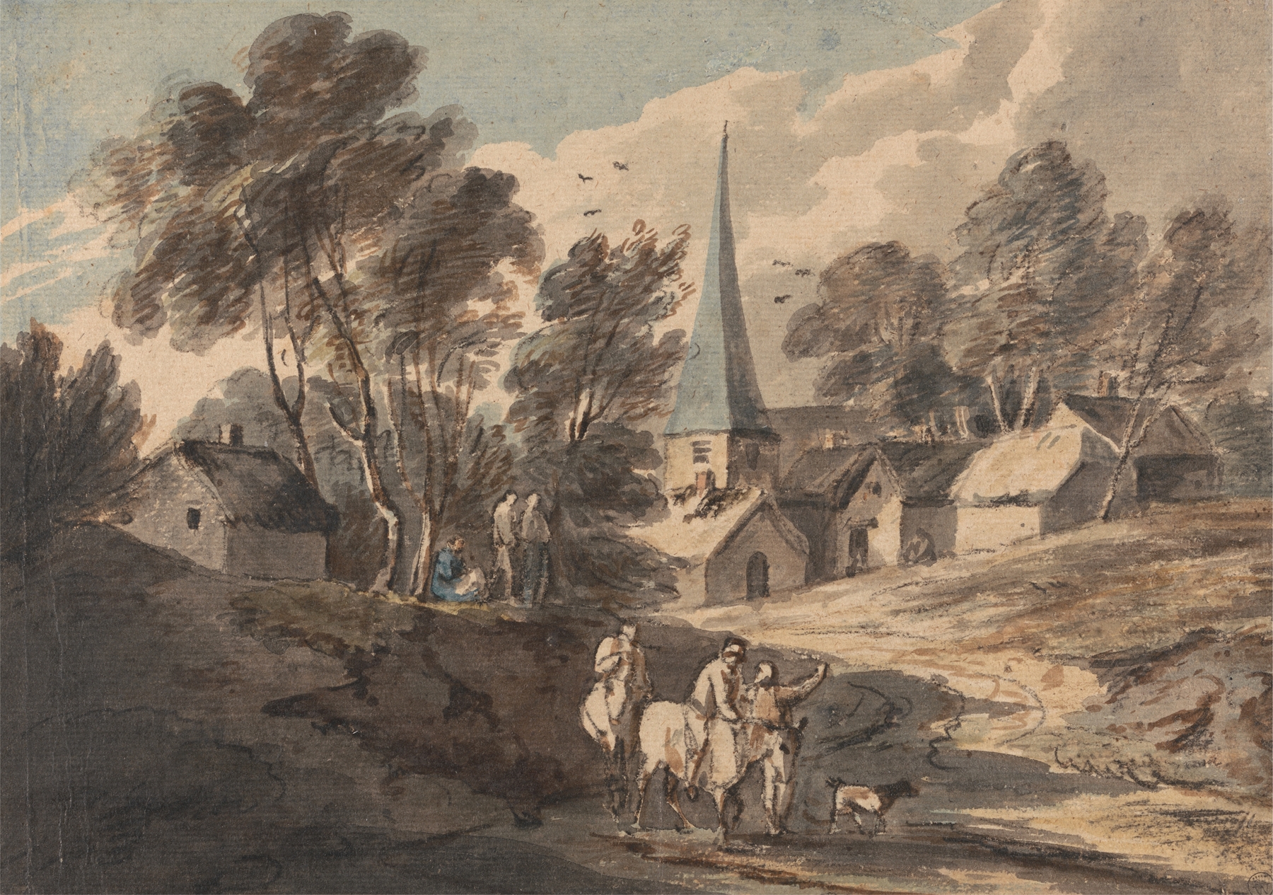 Travellers on Horseback Approaching a Village with a Spire, by Thomas Gainsborough, public domain