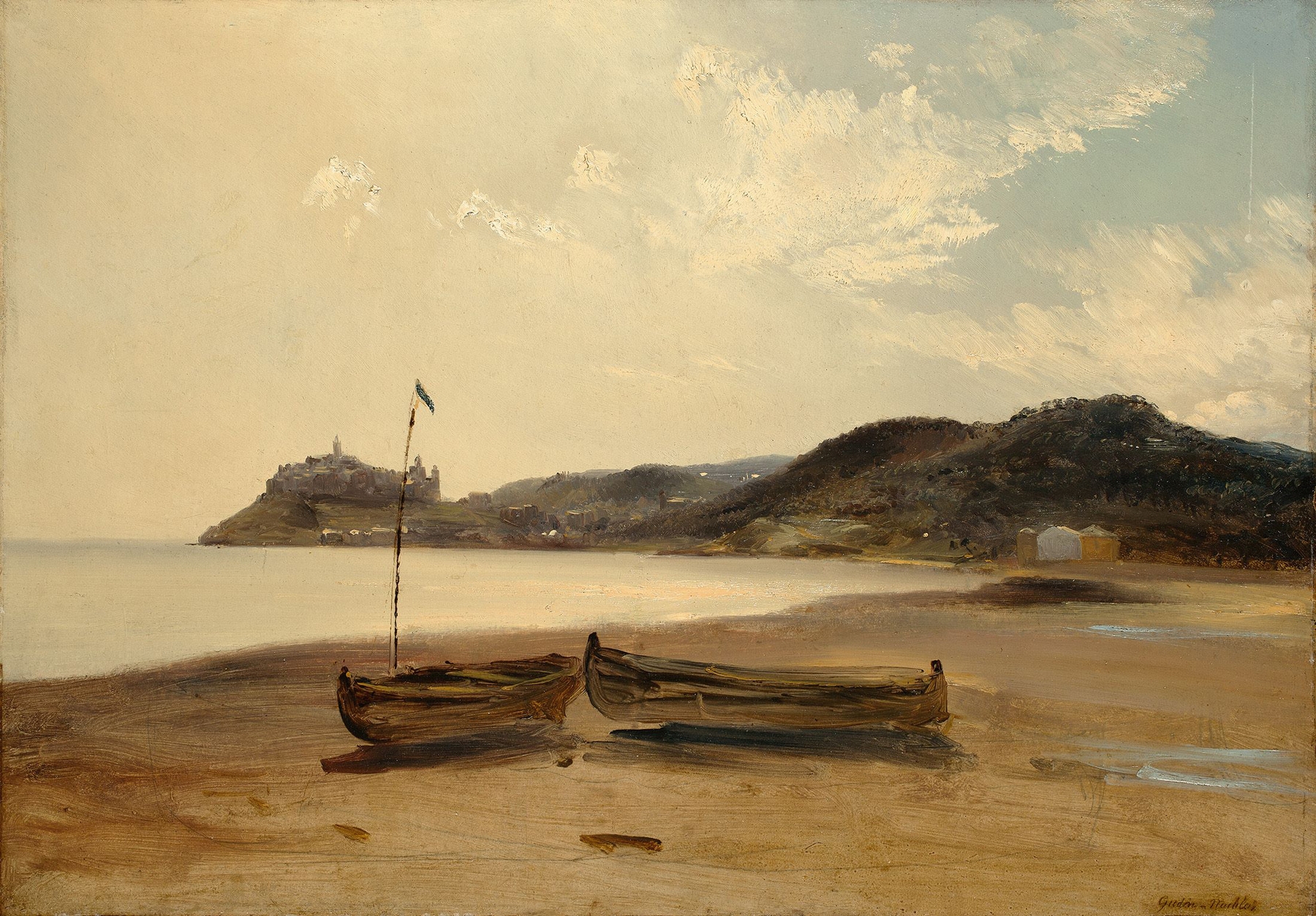 Boats on the Beach by Théodore Gudin, oil on canvas, depicting colorful boats on a sandy beach.