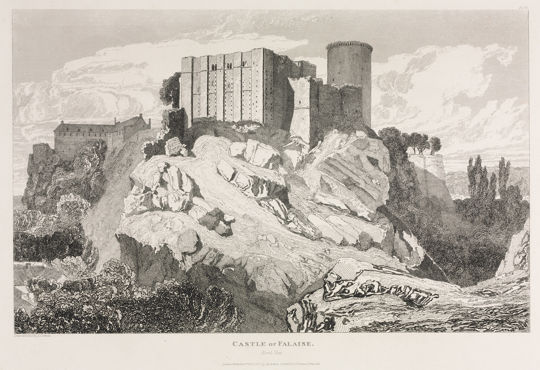 Castle of Falaise by John Sell Cotman, oil painting depicting a rugged landscape under a brooding sky.