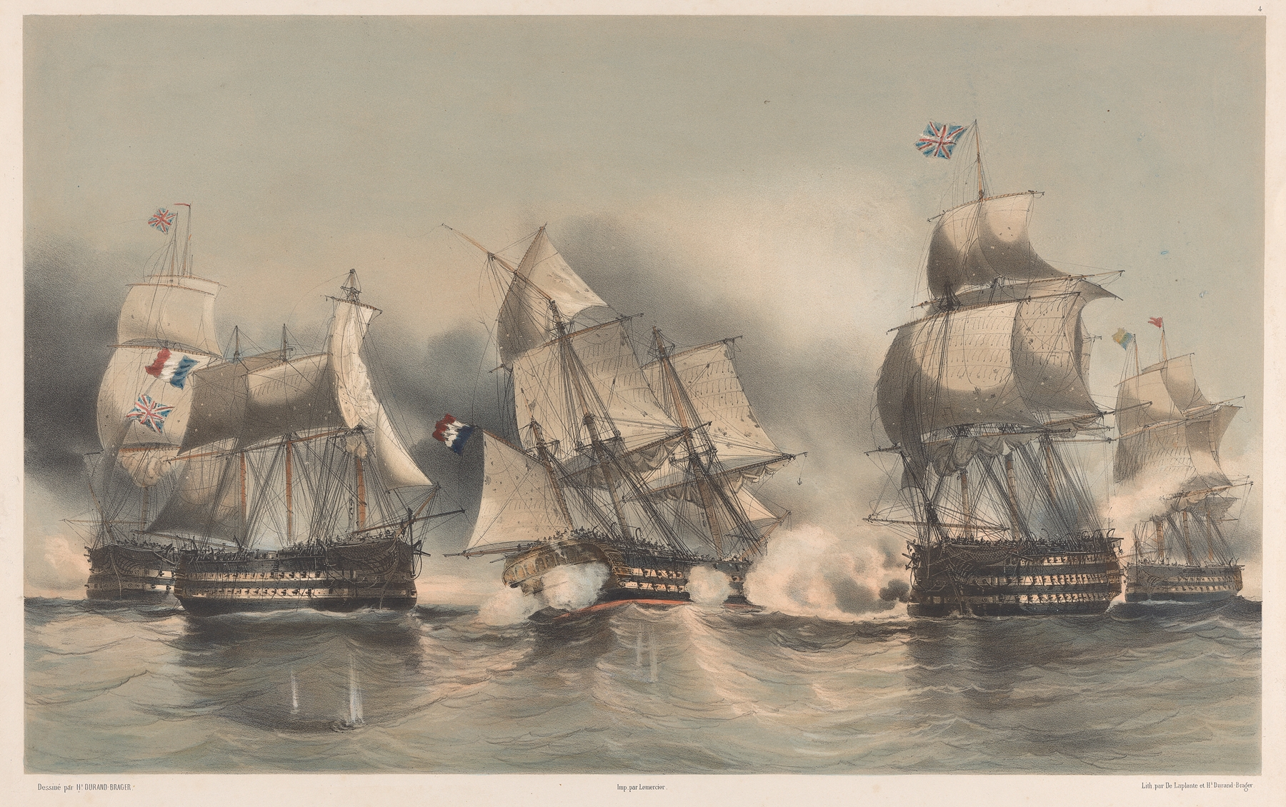 Marine scene with ships after a naval battle, oil on canvas by Henri Durand-Brager
