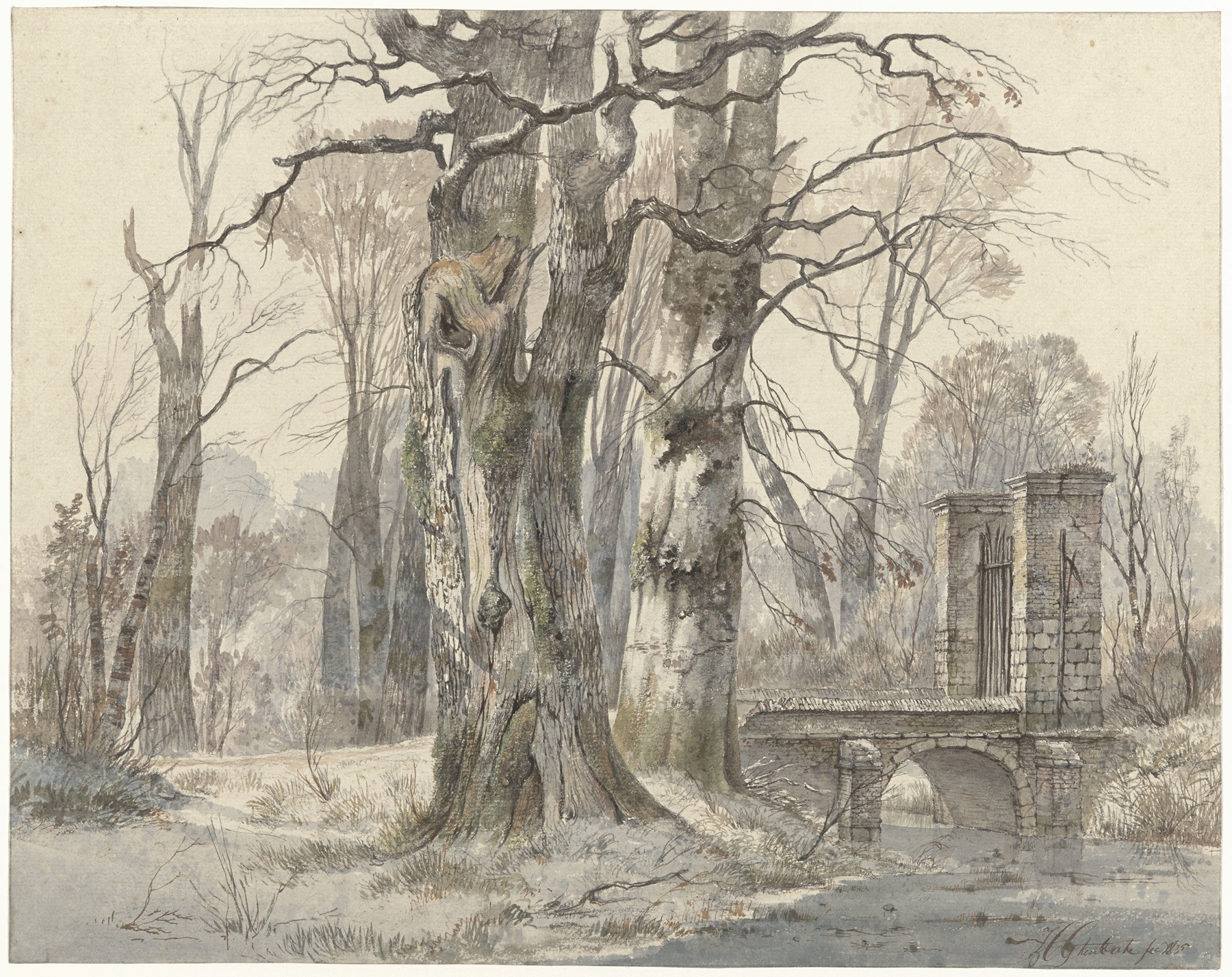 Winter landscape with a wooden gate between trees by Hendrik Gerrit ten Cate