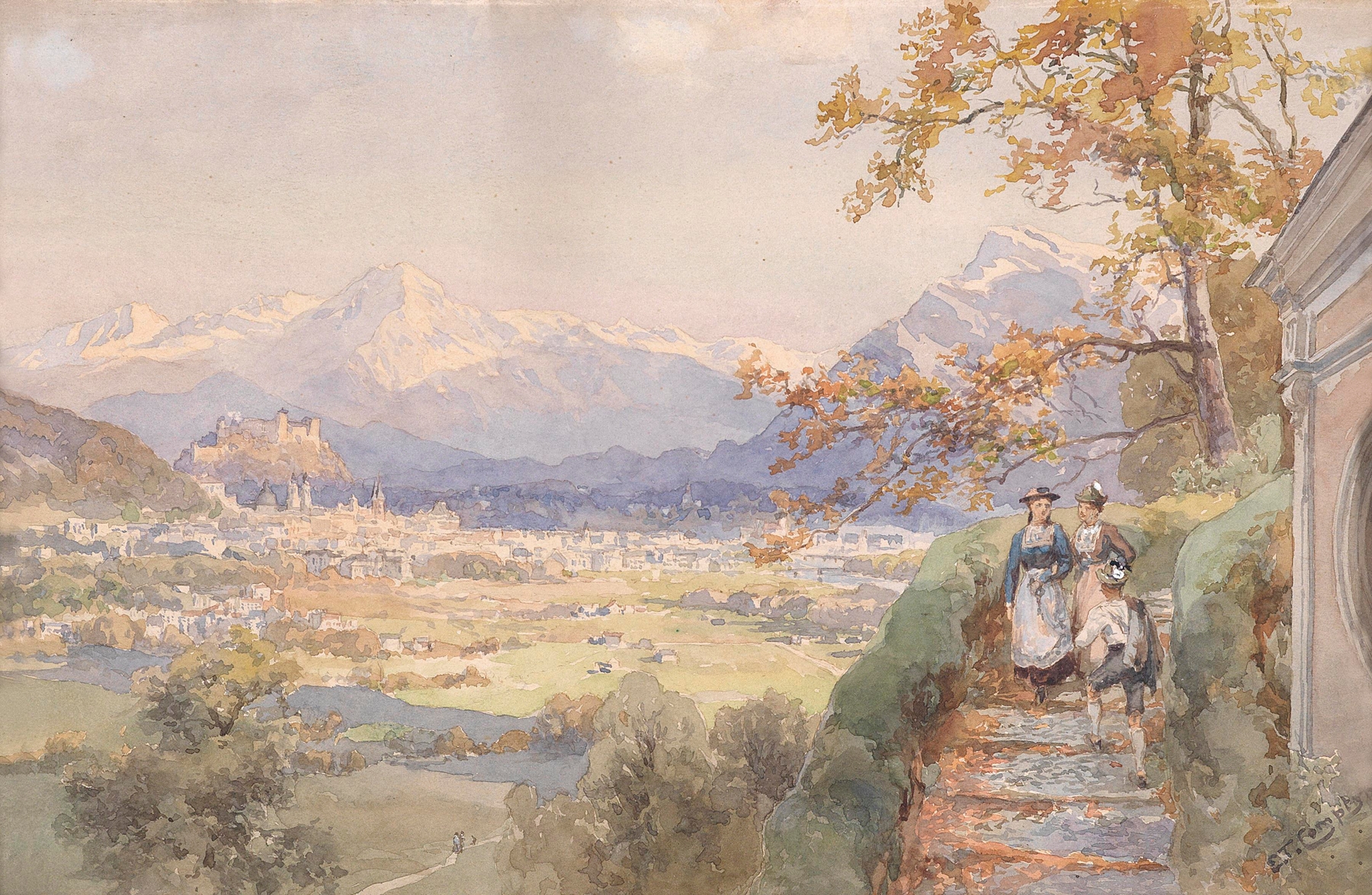 Blick über die Stadt Salzburg, oil on canvas by Edward Theodore Compton, depicting a landscape with rooftops and mountains.