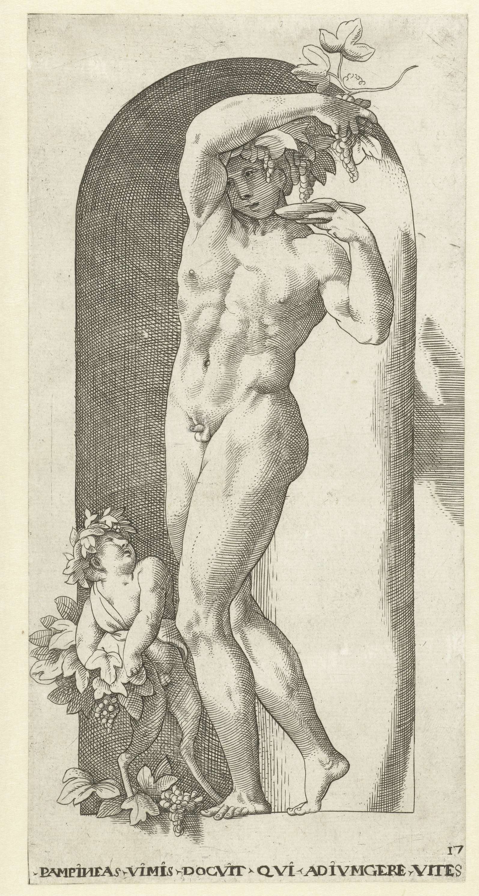 Engraving by Jacob Binck depicting Bacchus with a drinking bowl and vines