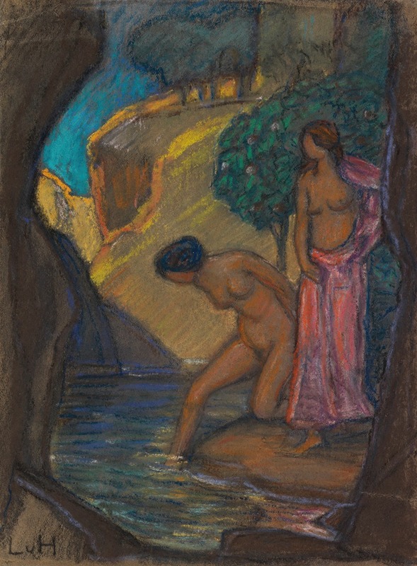 This painting depicts women bathing in a grotto, showcasing a serene and intimate setting.
