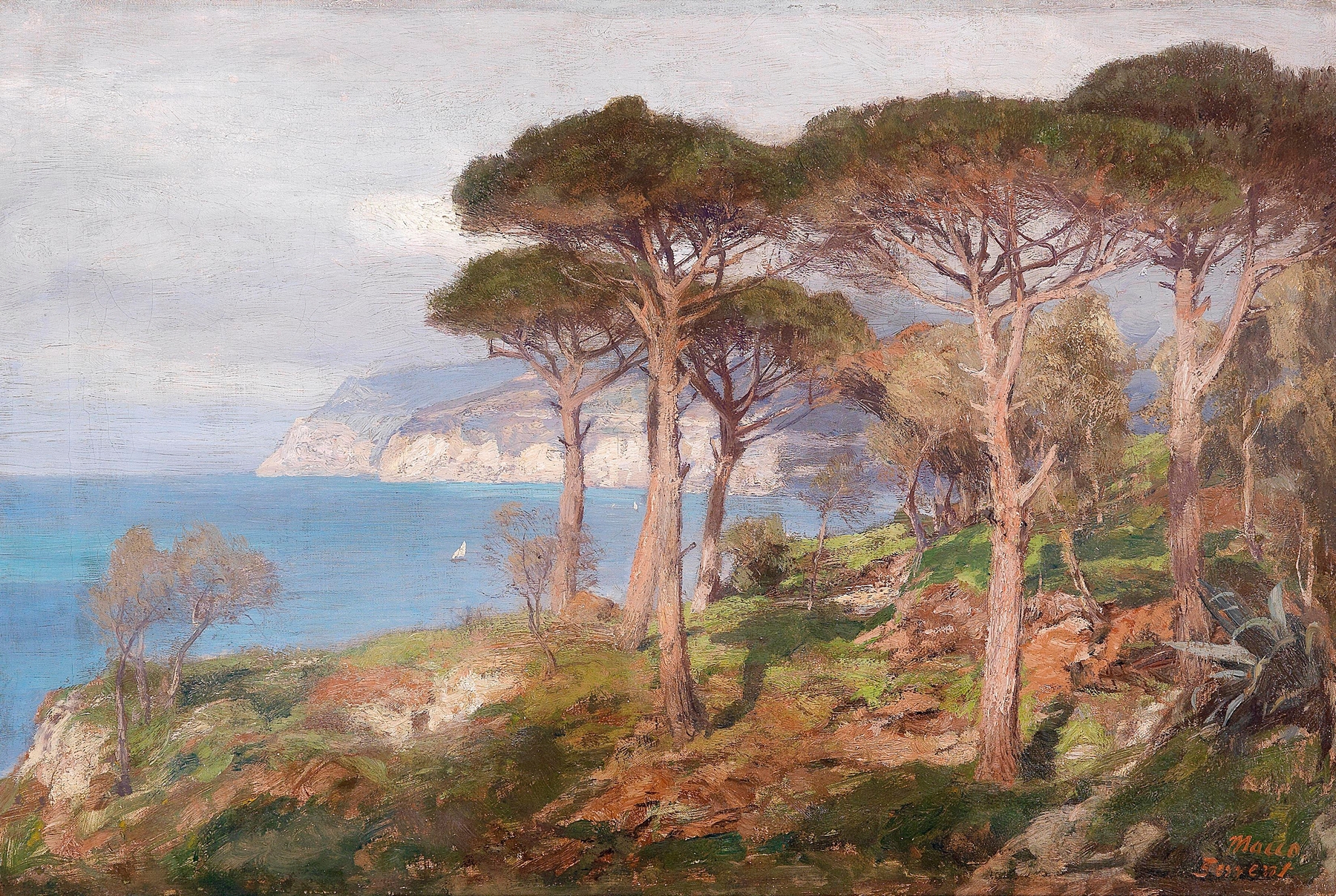 Marine scene by Georg Macco, depicting gentle waves and a tranquil shoreline.