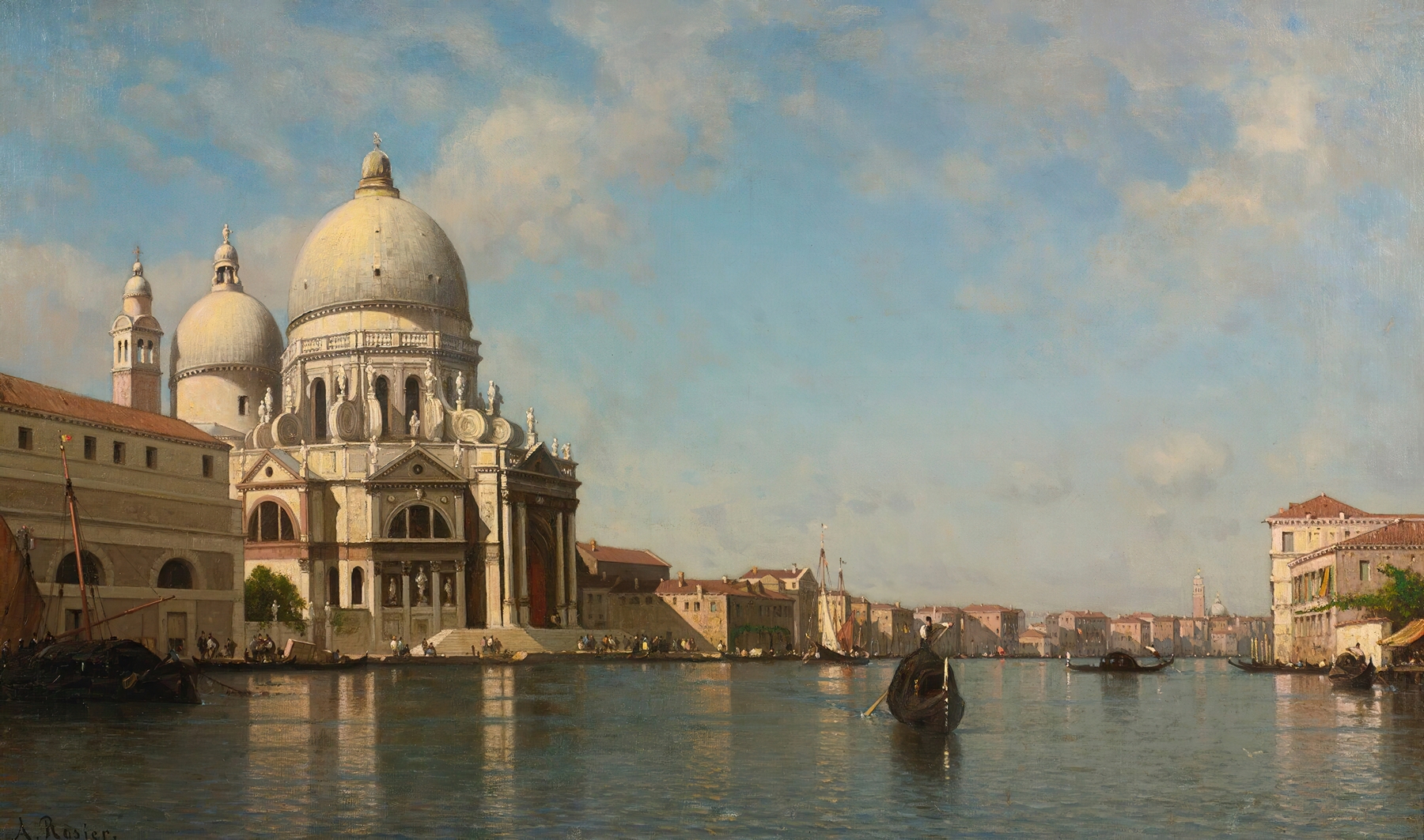 The Grand Canal by Amédée Rosier, oil on canvas, featuring tranquil water and faded buildings.