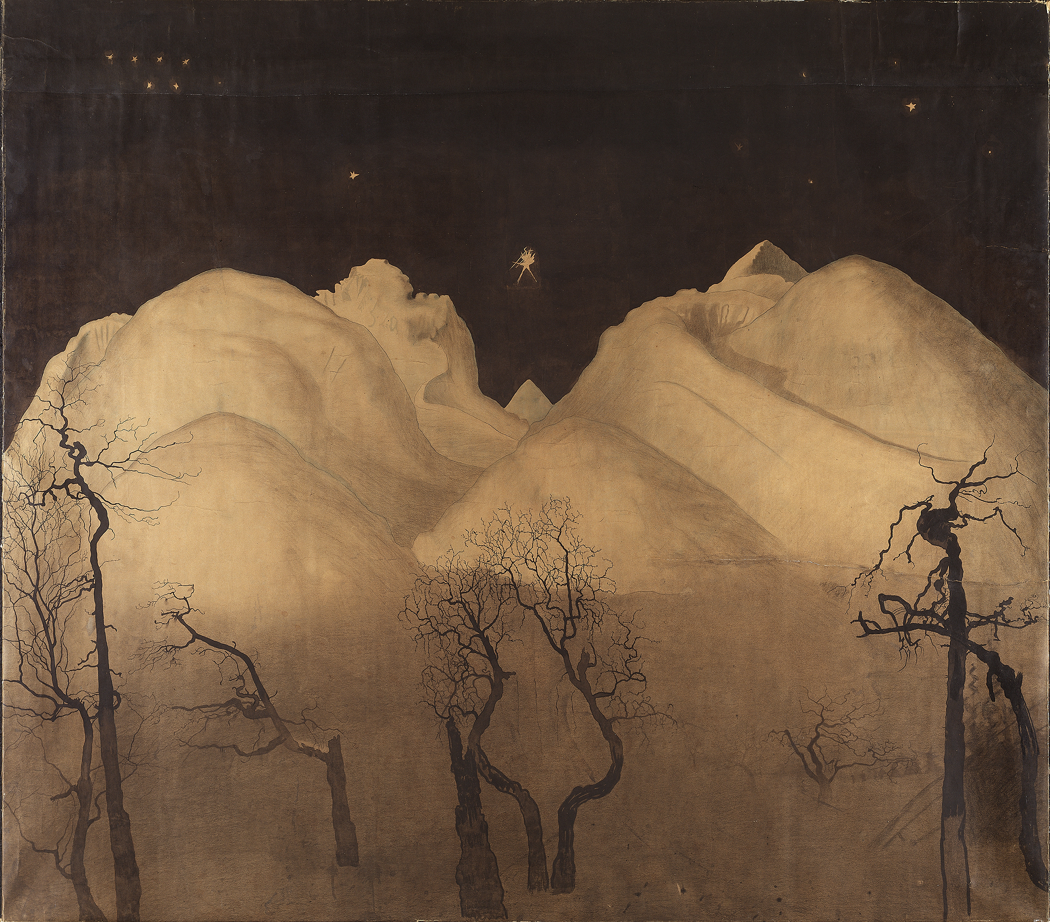 Winter Night in the Mountains, oil on canvas by Harald Sohlberg, featuring dark mountains and a starry sky.