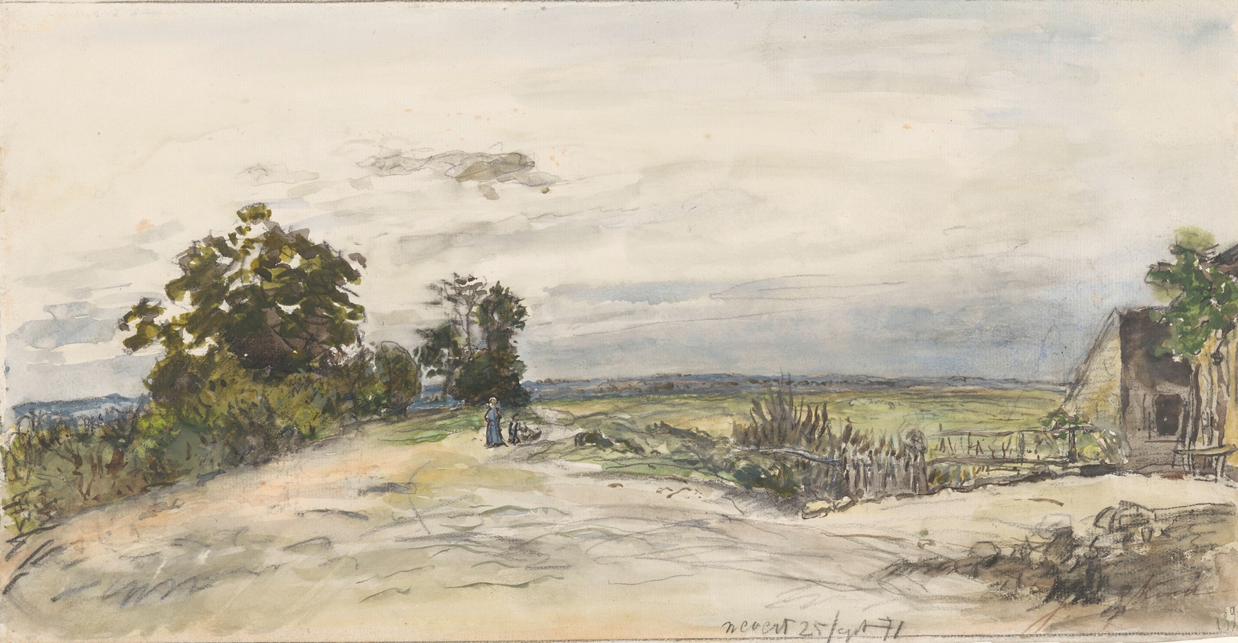 Landschap bij Nevers by Johan Antonie de Jonge, oil painting depicting a serene river landscape
