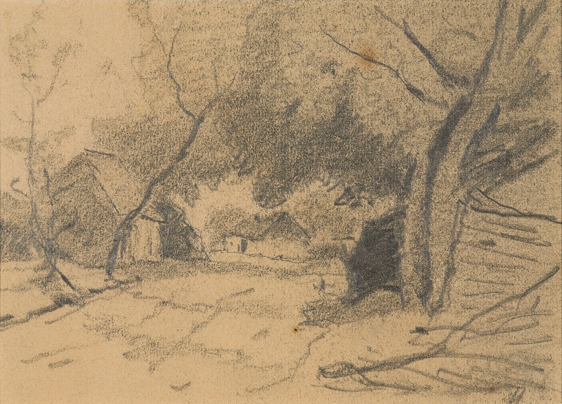 Village-view by Alphonse Asselbergs, oil on canvas depicting cottages and greenery