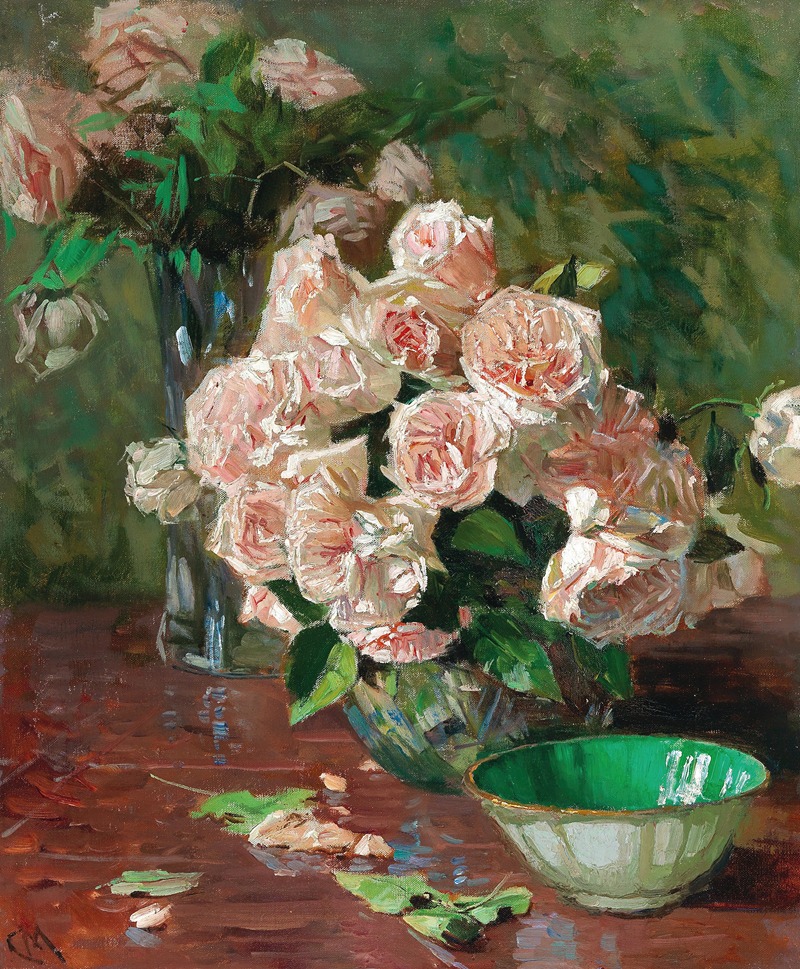A still life painting featuring white roses by Carl Moll.