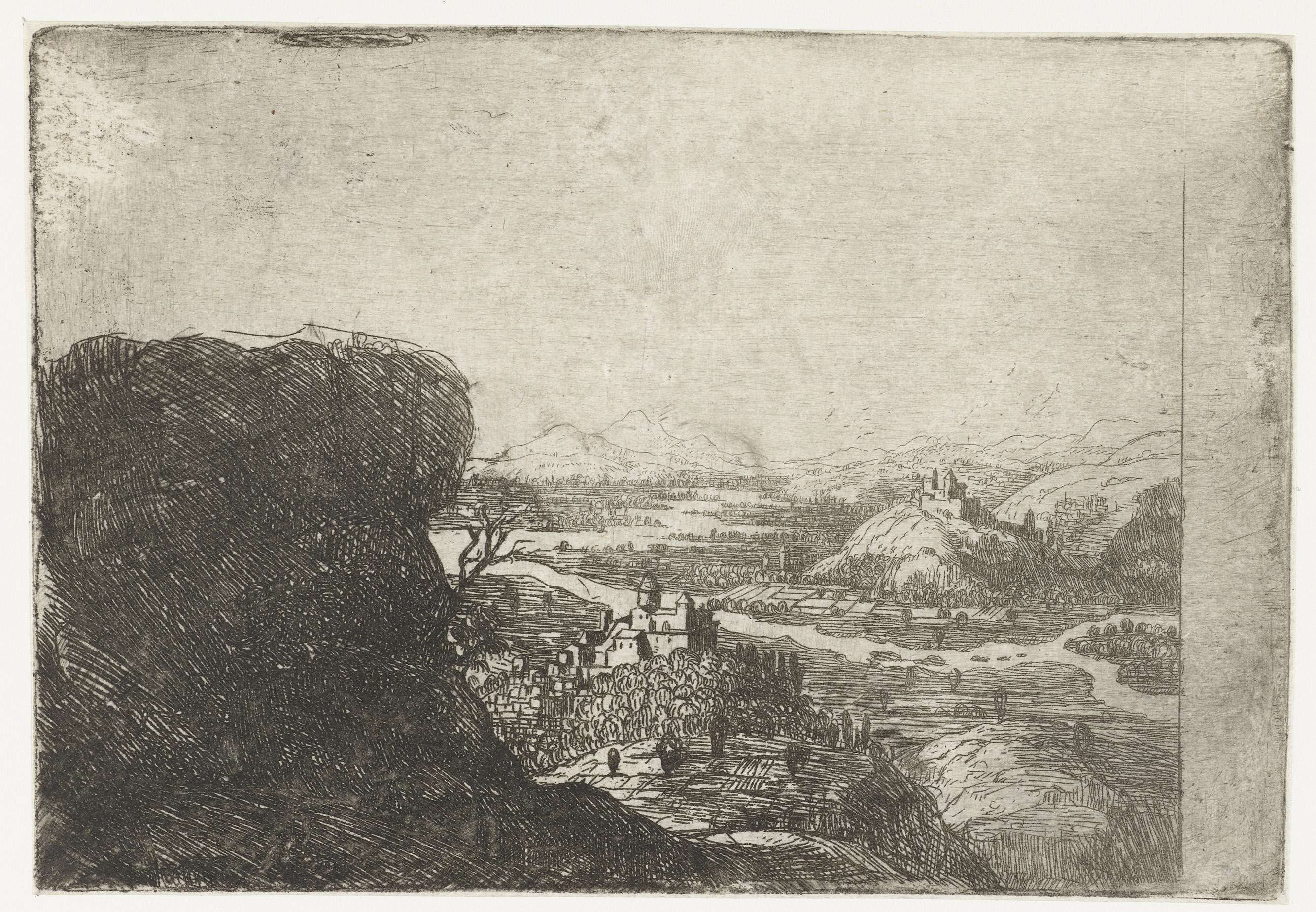 Rivierlandschap met rots en twee burchten, etching by Jan Ruyscher