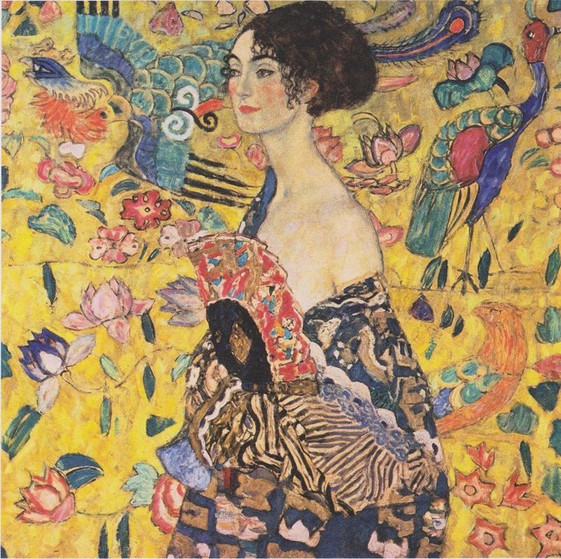 Gustav Klimt's 'Woman with fan' showcases a woman elegantly holding a fan.