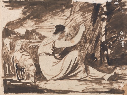 A shepherdess carves an inscription into a tree in a serene landscape.