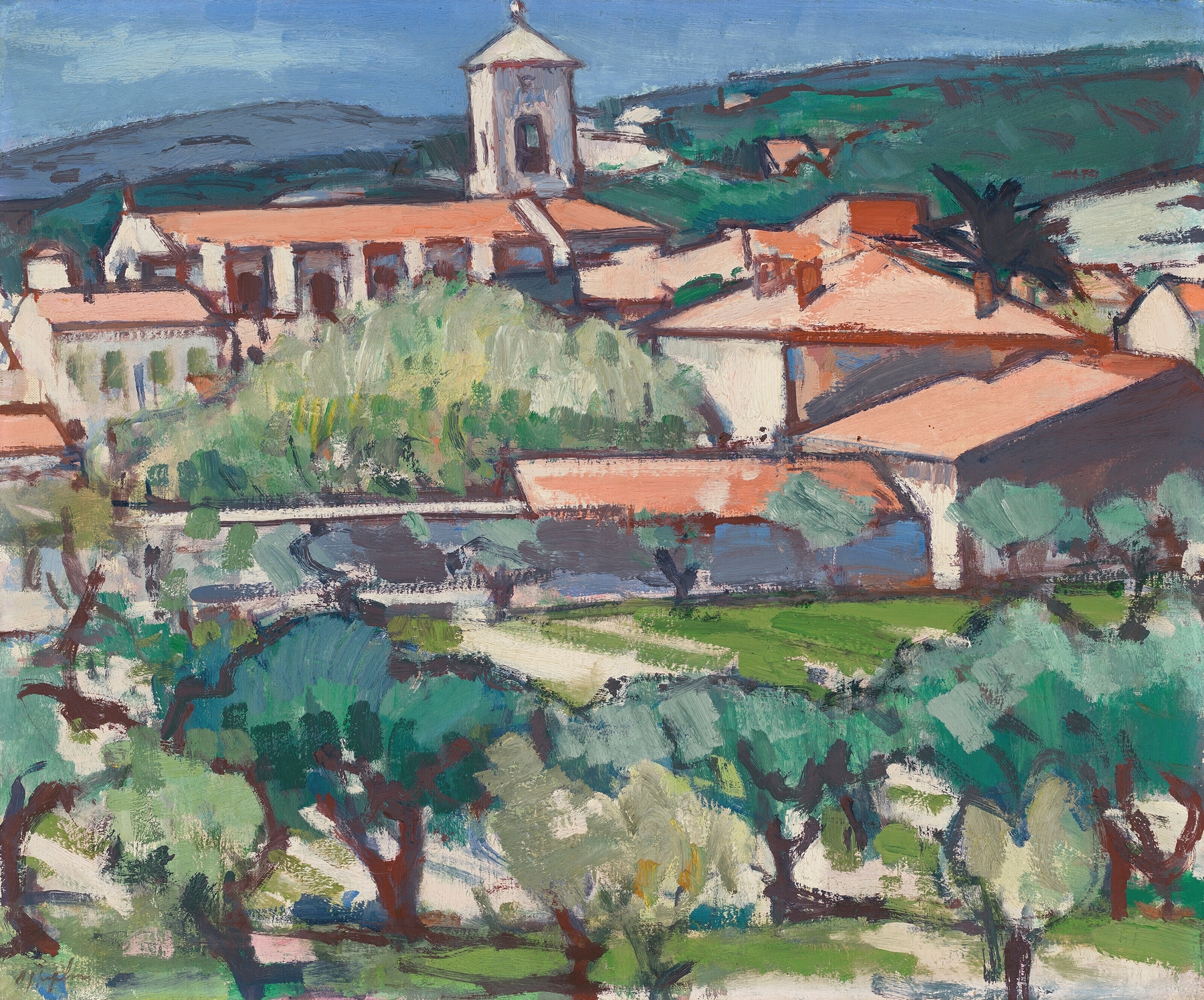 Post-Impressionism oil painting by Samuel John Peploe, depicting a church in Cassis.