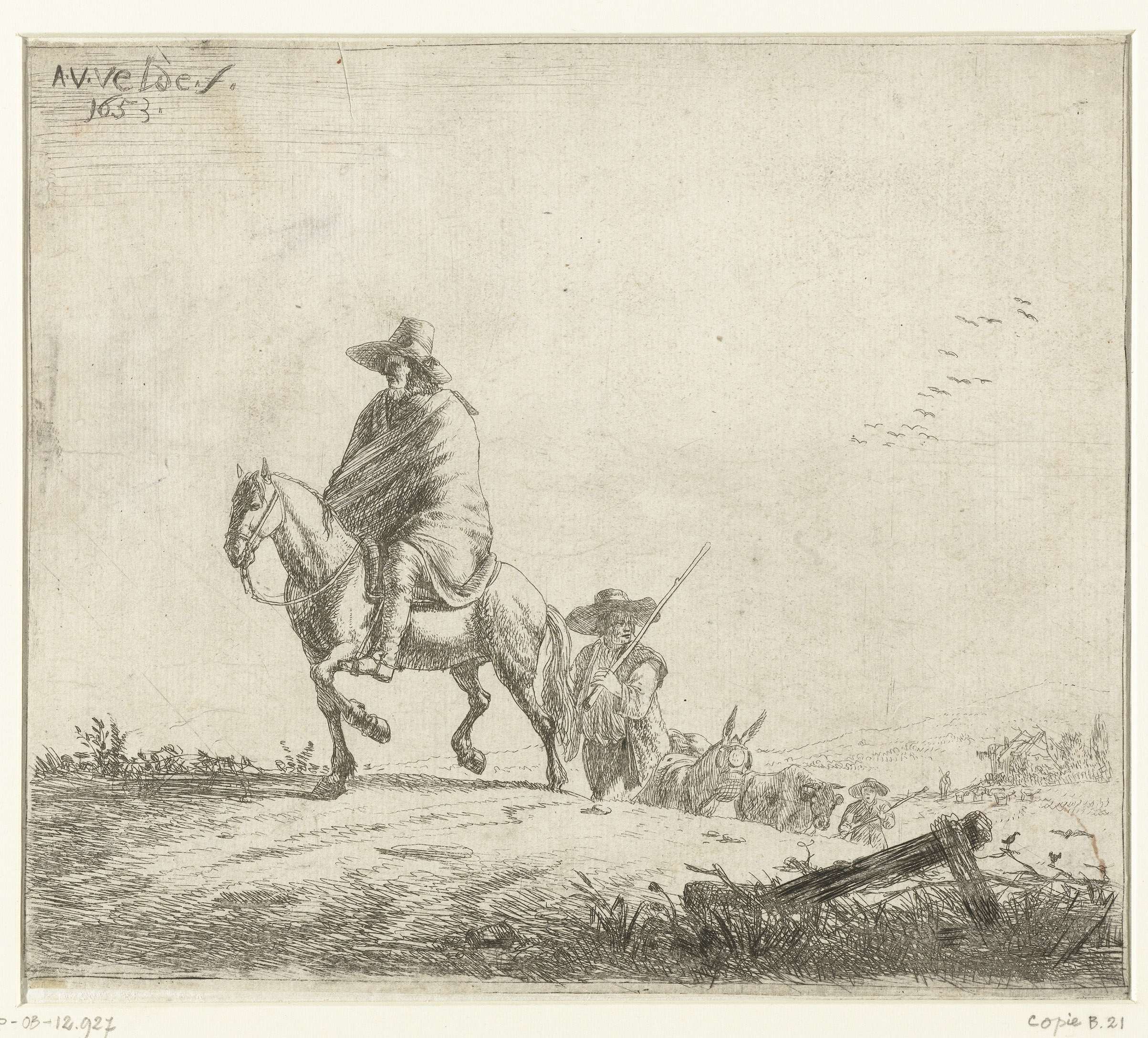 Etching by Unknown Artist depicting a rider and herders with cattle