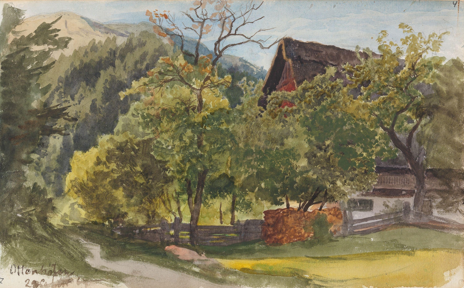 Fra Ottenhöfen by Hans Gude, oil on canvas depicting a tranquil river and forest