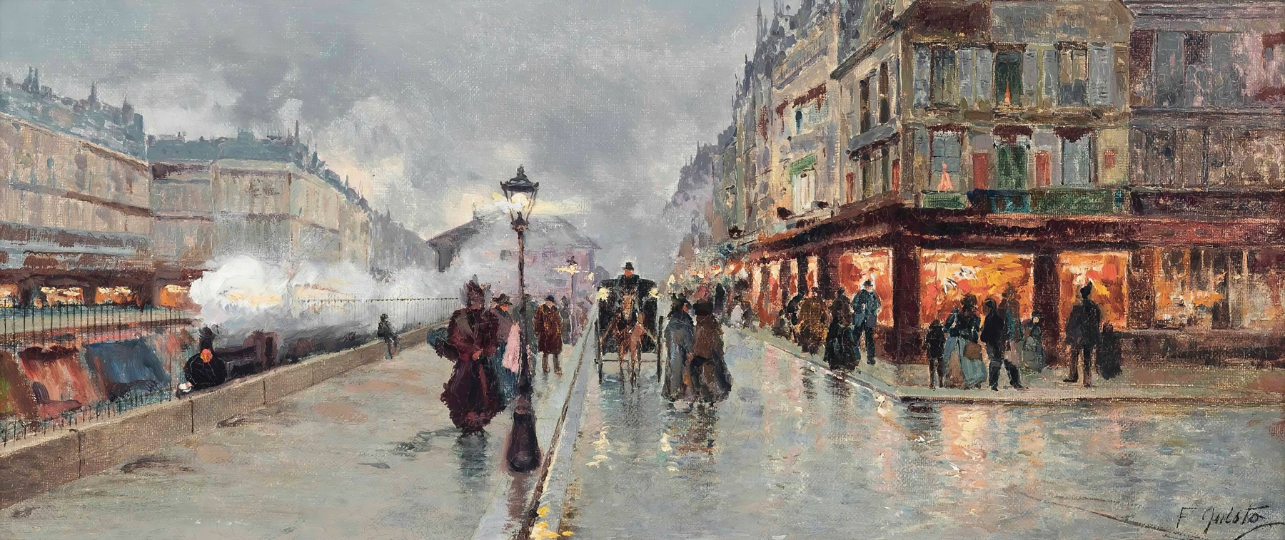 Impressionist scene at Gare Saint Lazare by Fausto Giusto, depicting twilight and urban life.