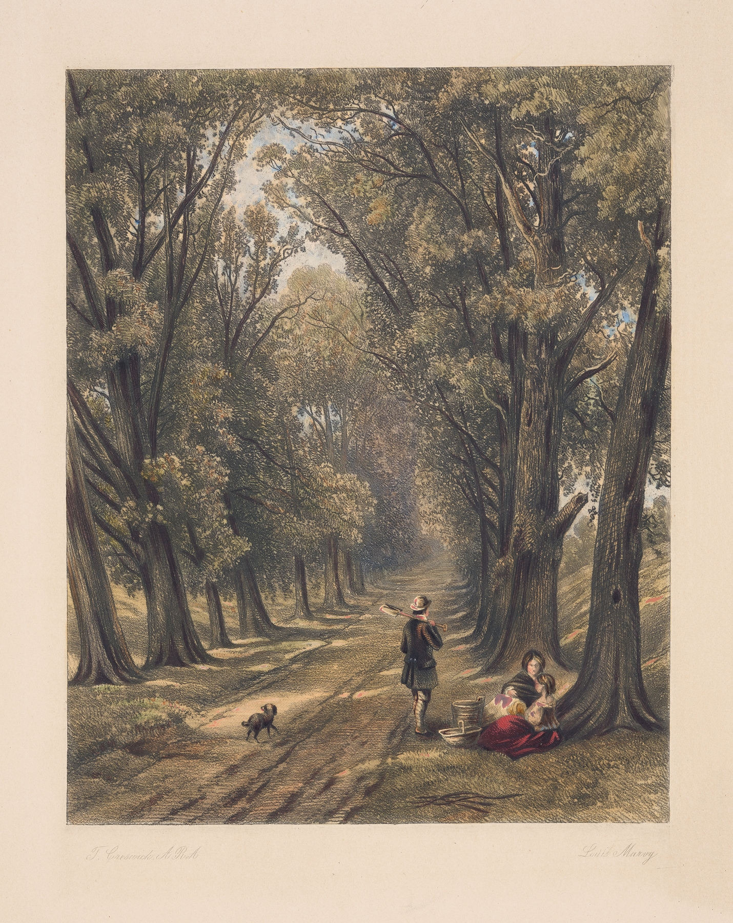 Landscape with tree-lined country road, oil painting by Louis Marvy