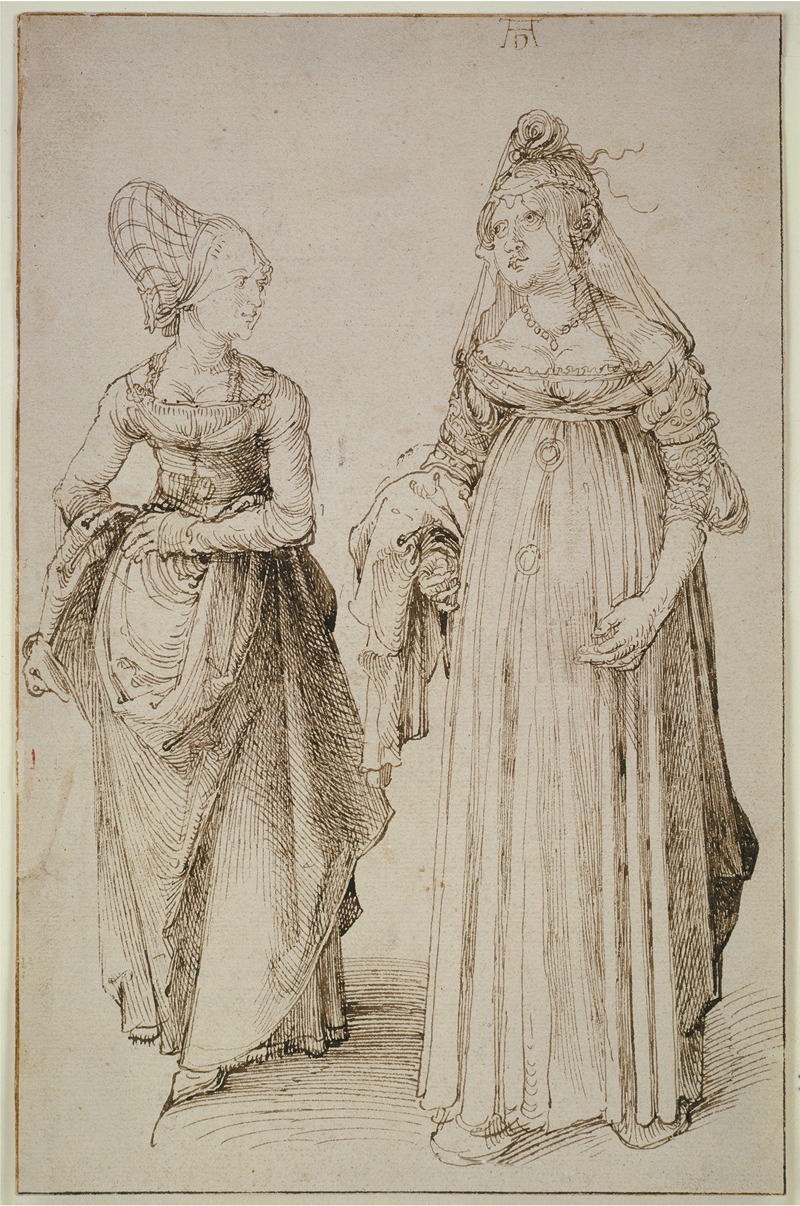 This painting depicts two women, one from Nuremberg and one from Venice, showcasing their distinct cultural attire.