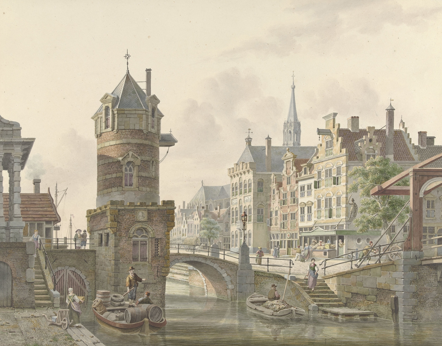 Gracht in een stad met een torentje bij een stenen brug, oil on canvas by Jan Hendrik Verheijen