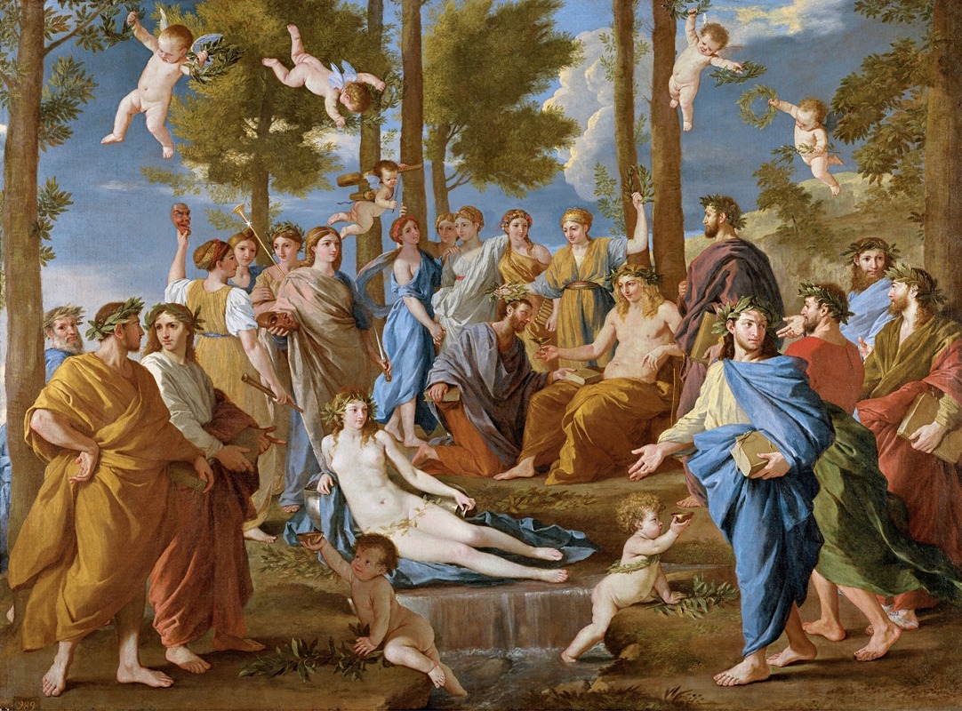 Nicolas Poussin's 'El Parnaso' depicts a classical gathering of poets and muses.