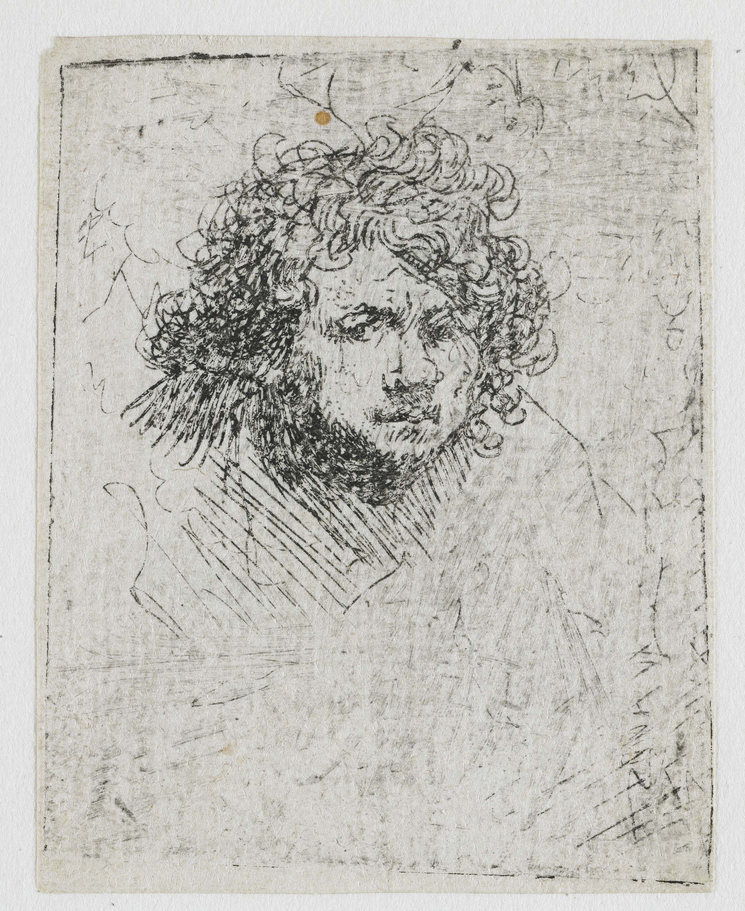 Self-portrait, Leaning Forward by Rembrandt van Rijn, etching showing the artist in different headgear.