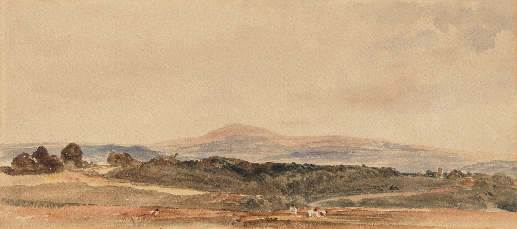 Harvesting by Peter De Wint, watercolor on paper depicting figures working in wheat fields.